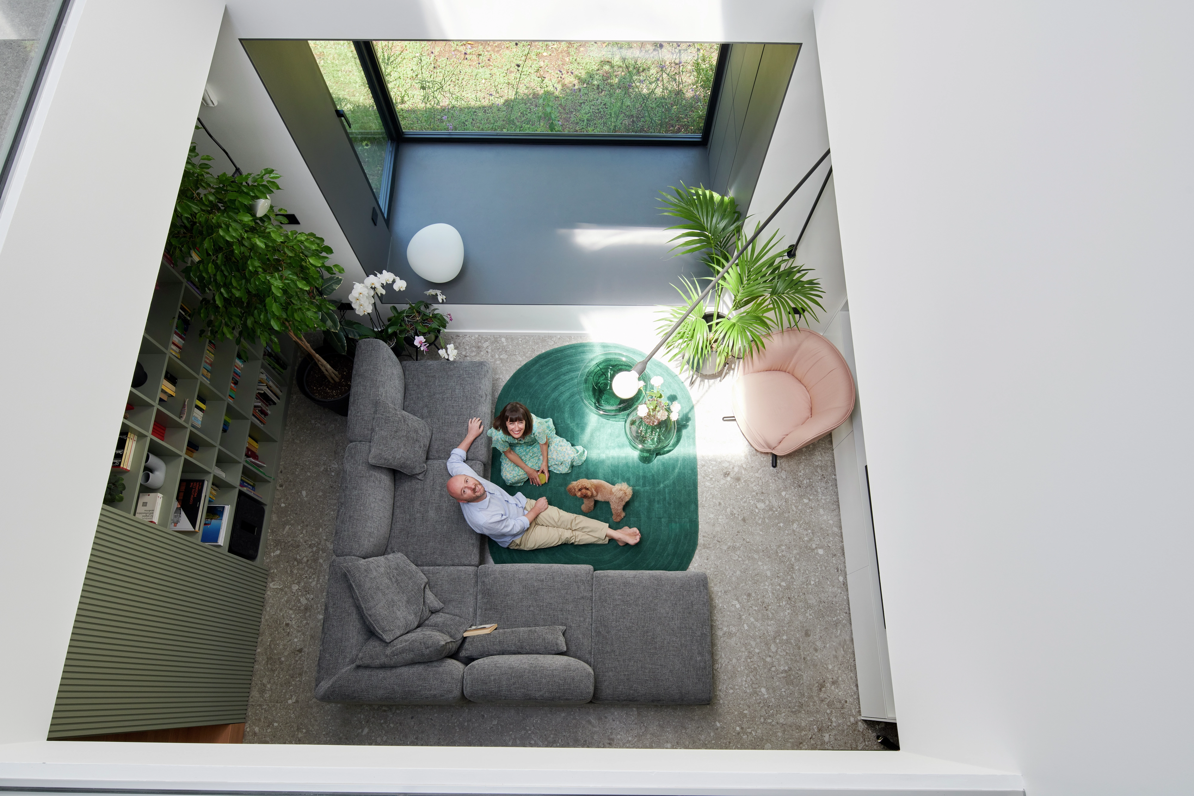 Salon moderne avec lumière naturelle provenant d'une fenêtre de toit VELUX, canapé gris, tapis vert, plantes et chaise rose.