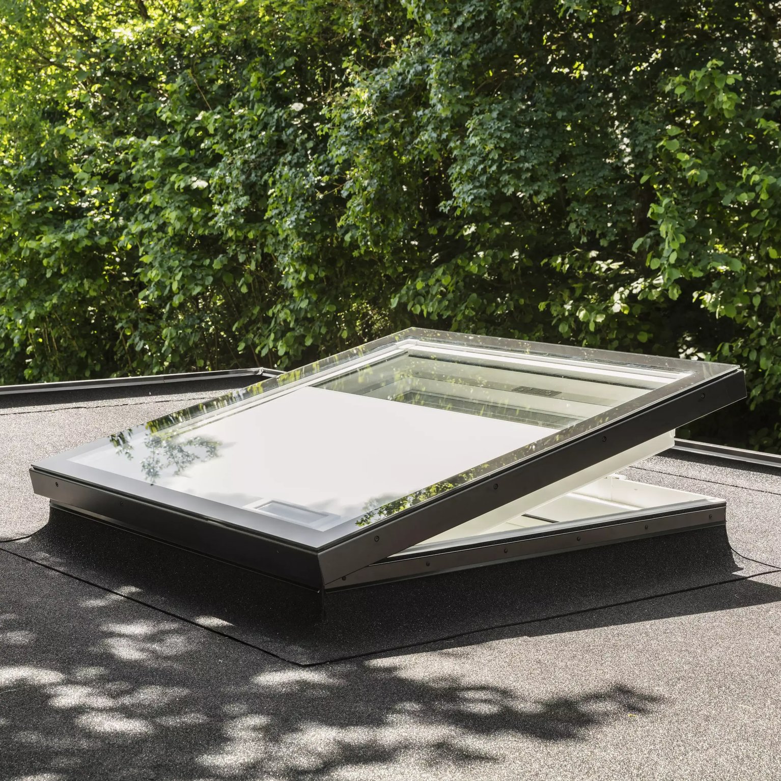 Open VELUX roof window on flat roof surrounded by greenery.