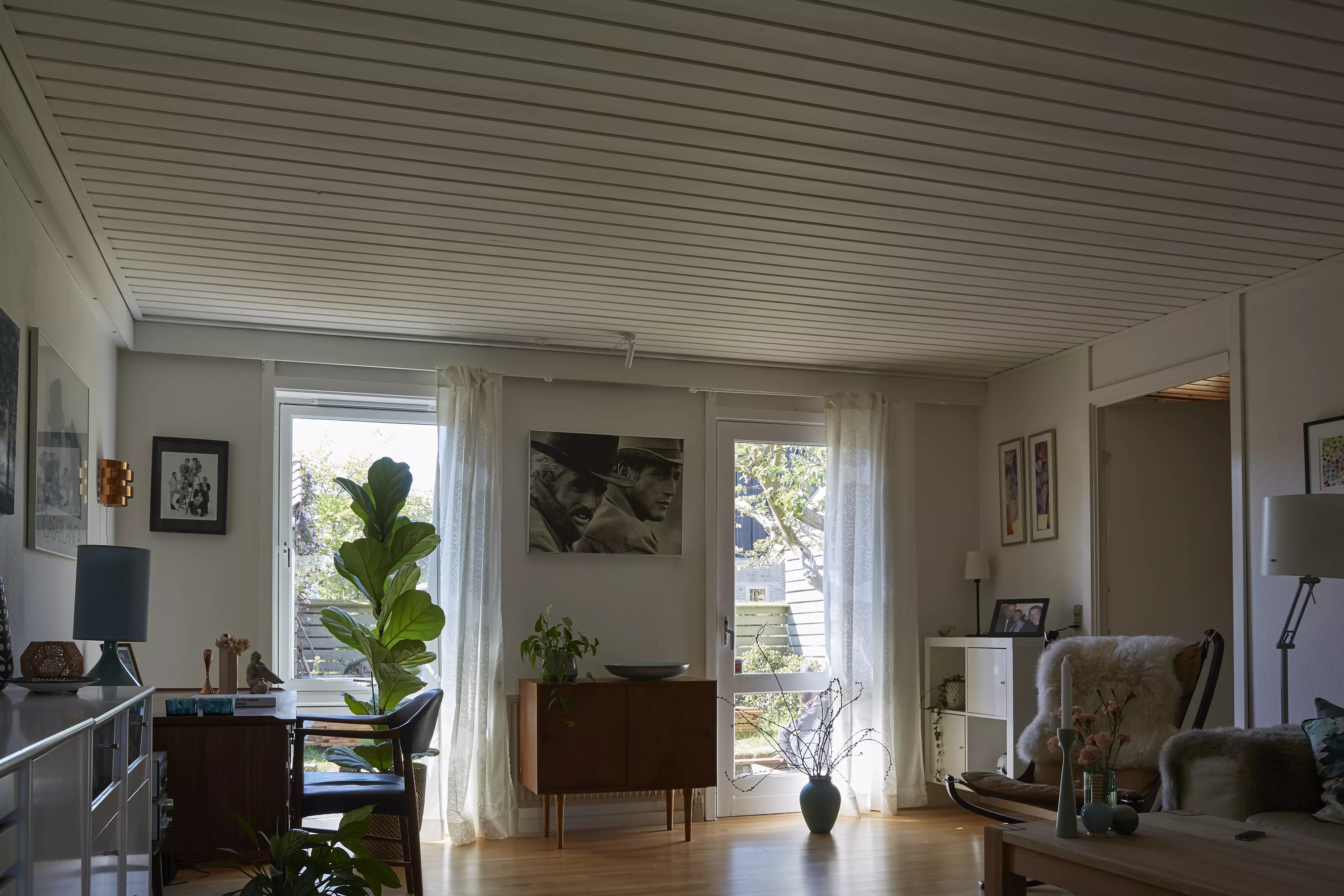 Modernes Wohnzimmer mit Tageslicht, Pflanzen und zeitgenössischen Möbeln.