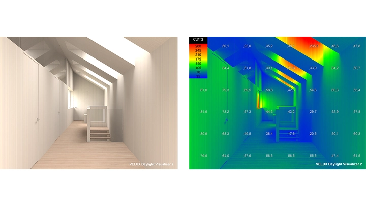Attic room with sloped ceiling and VELUX roof windows, bright and airy.