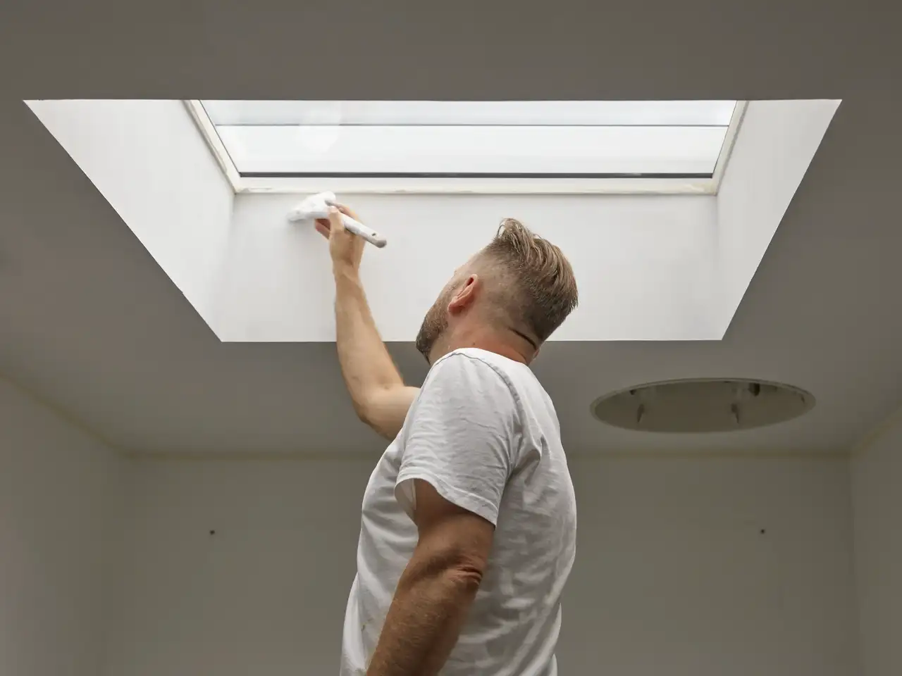 L'uomo dipinge il telaio di una finestra per tetti piani | Rivista VELUX
