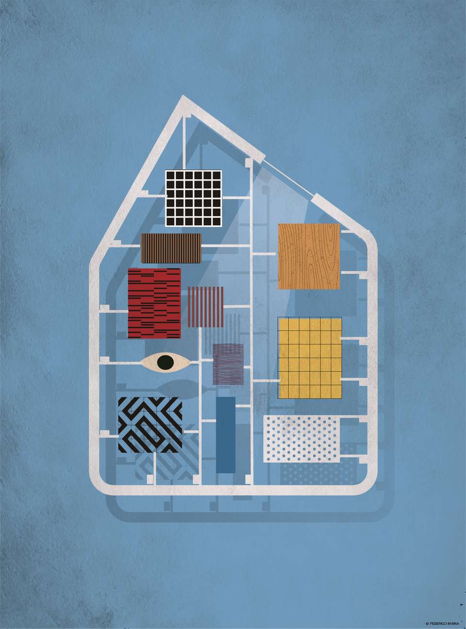 Représentation graphique d'une maison dont les différentes parties sont remplies de motifs et de textures variés, suggérant des matériaux ou des usages différents pour chaque partie de la structure.