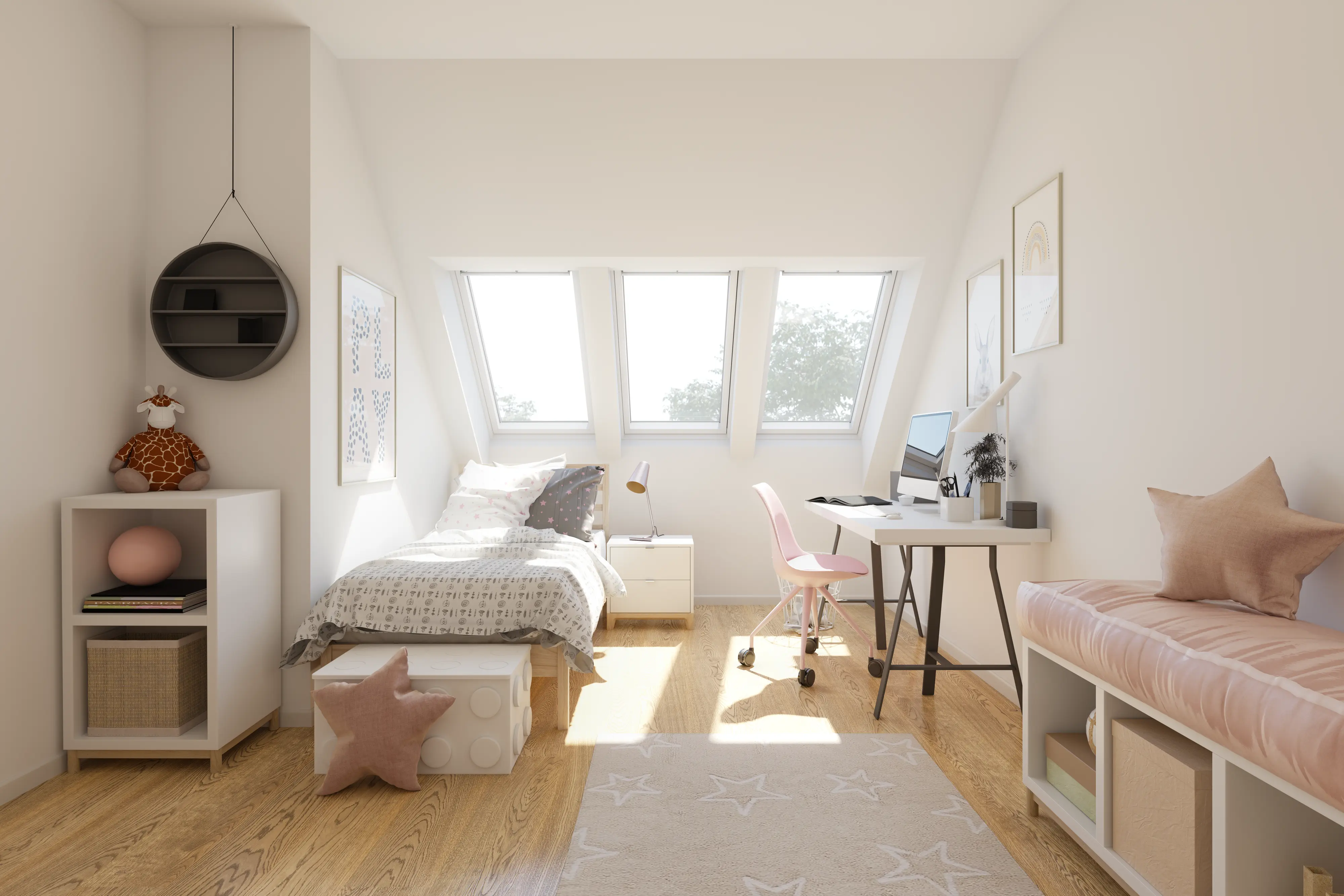 Chambre d’enfant sous les combles équipée d’une solution VELUX 3 en 1.