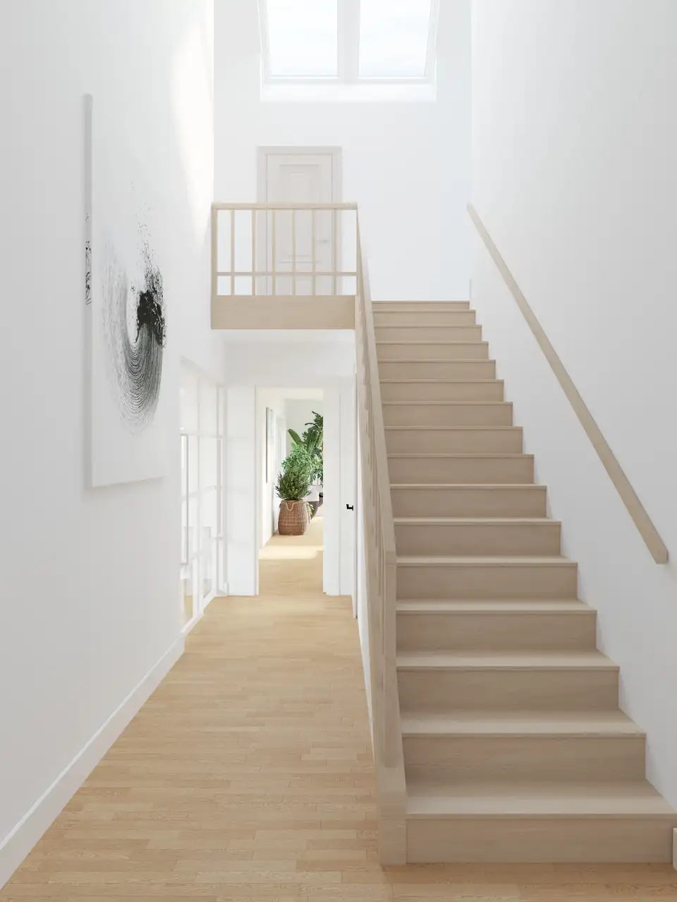 BrightScala in un corridoio stretto illuminata da due finestre per tetti VELUX hallway with wooden staircase and VELUX roof window.