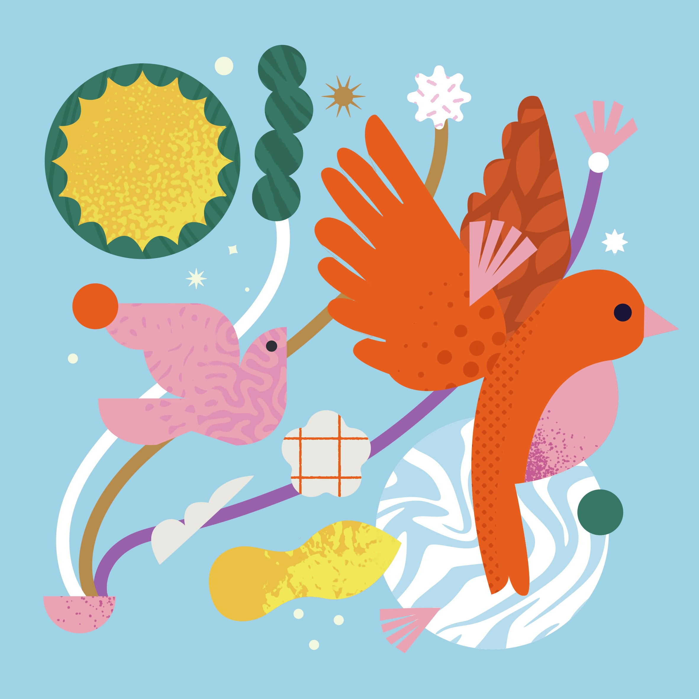 Illustration abstraite colorée d'oiseaux stylisés en vol avec des motifs ludiques