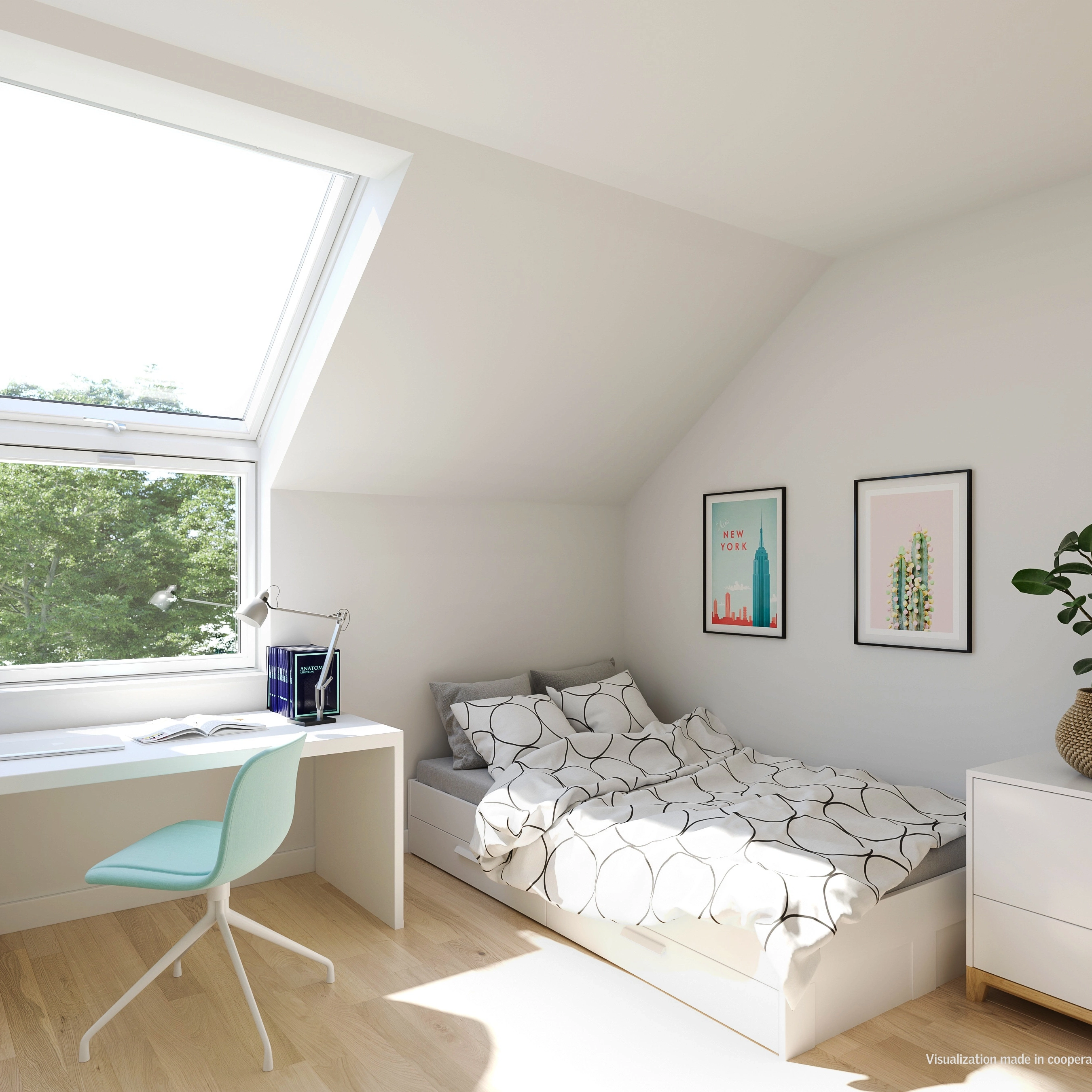 Chambre d’enfant sous combles avec lit, bureau, et meuble de rangement