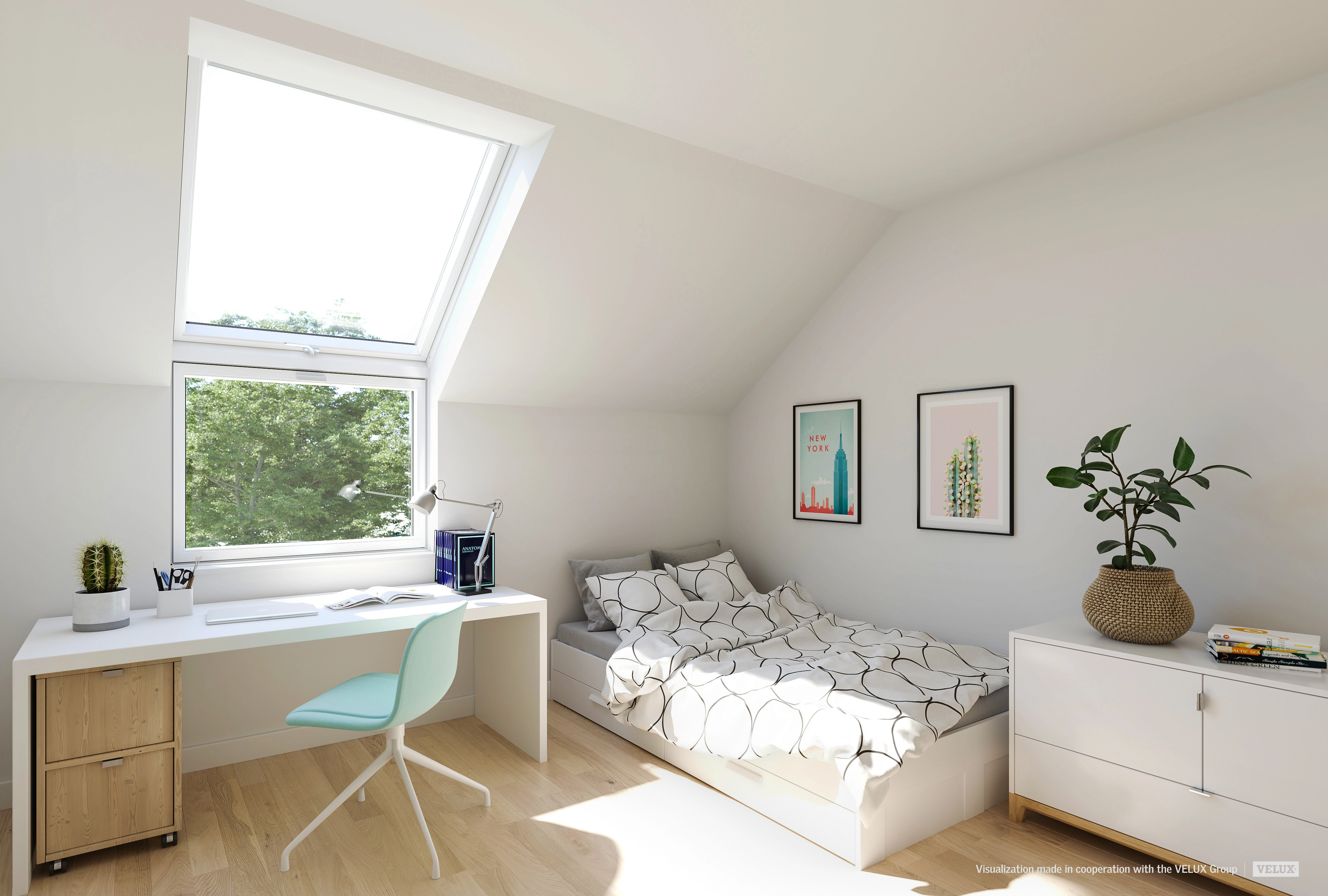 Attic bedroom with sloped ceiling and VELUX roof window, bright and airy.