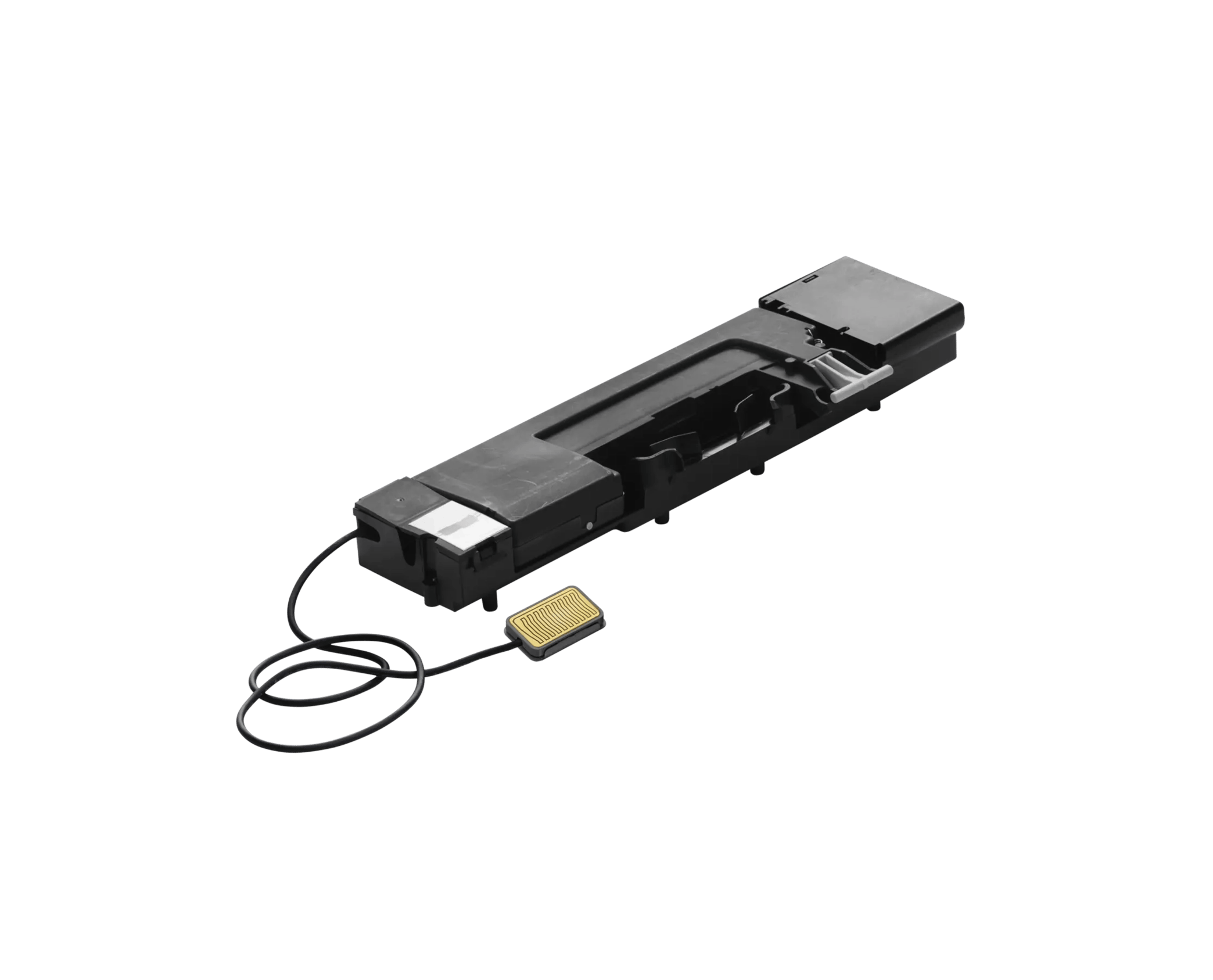 Black electronic component with wire, compact design for device integration.