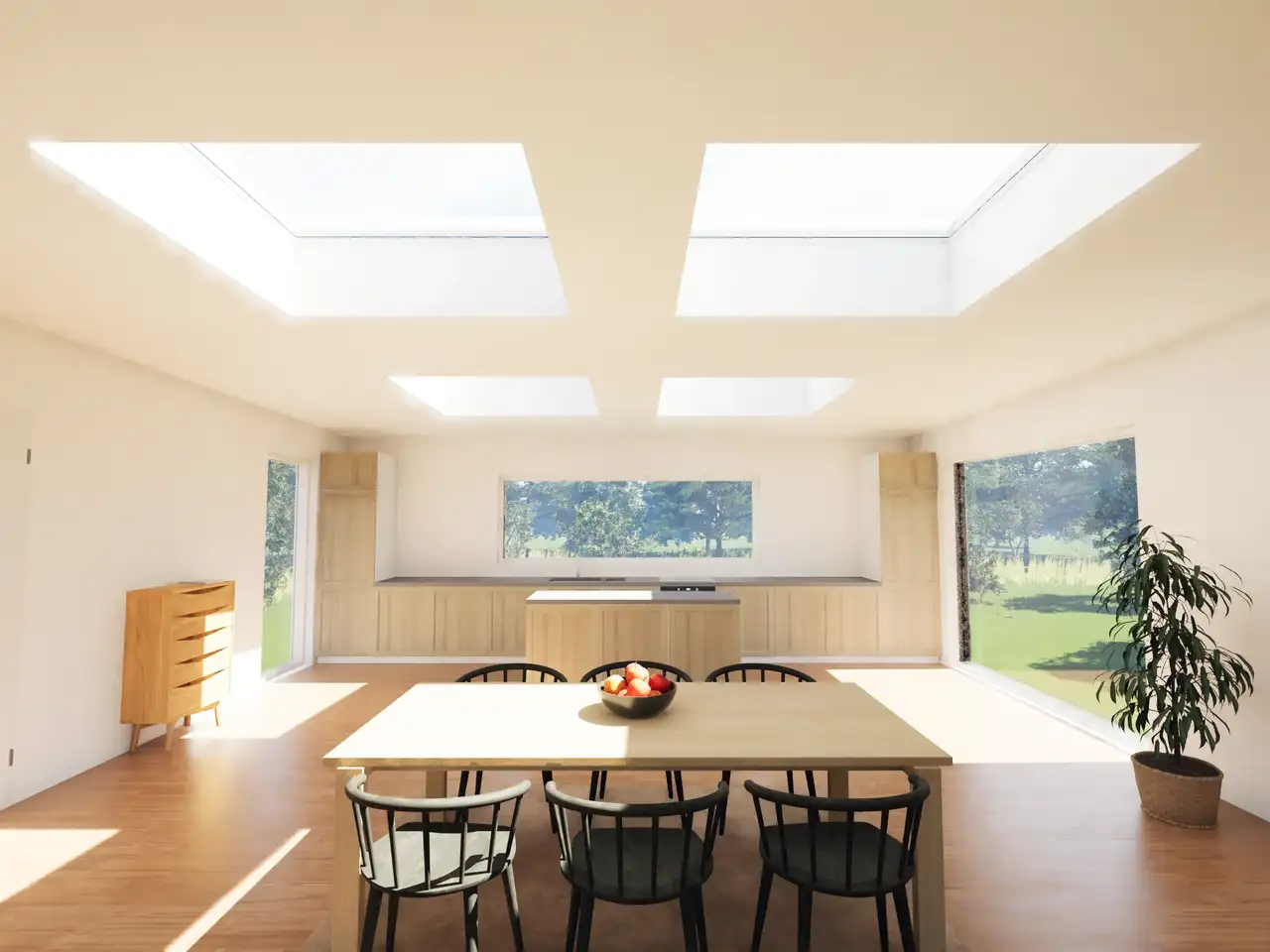 Sala da pranzo con finestre per tetti piani VELUX, mobili in legno e ampie finestre verticali.
