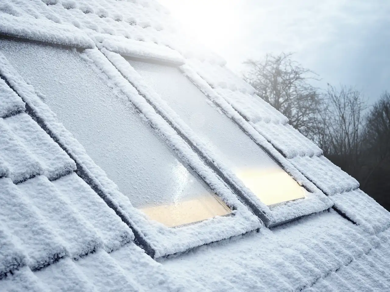 Deux fenêtres de toit VELUX sur un toit enneigé