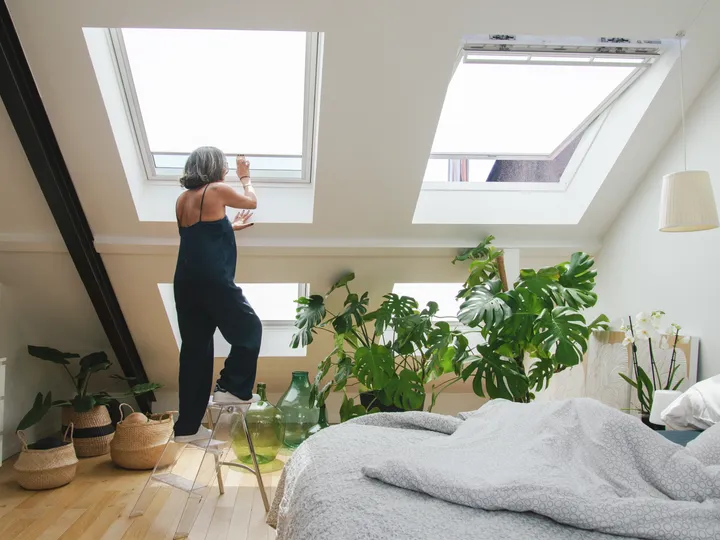 Ältere Dame öffnet ihr Dachfenster unter dem große Monstera wachsen | VELUX Magazin