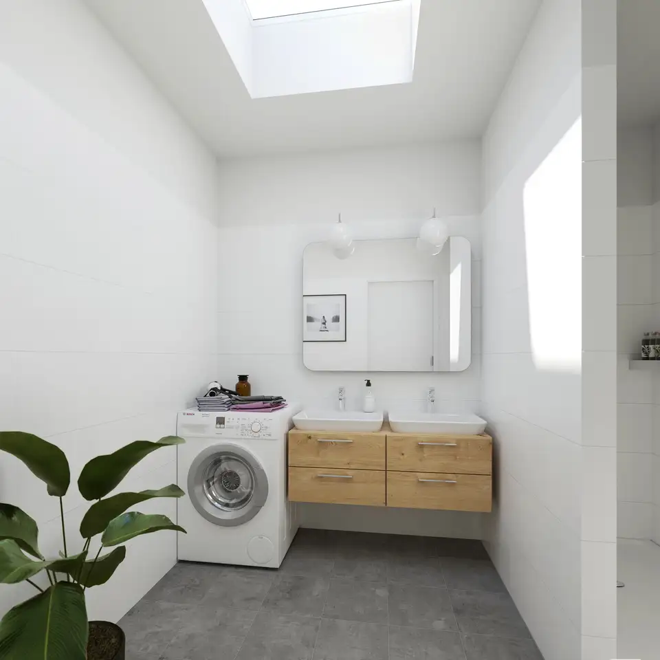 salle de bains avec coin buanderie, lave-linge, meuble vasque et fenêtre pour toit plat VELUX au plafond