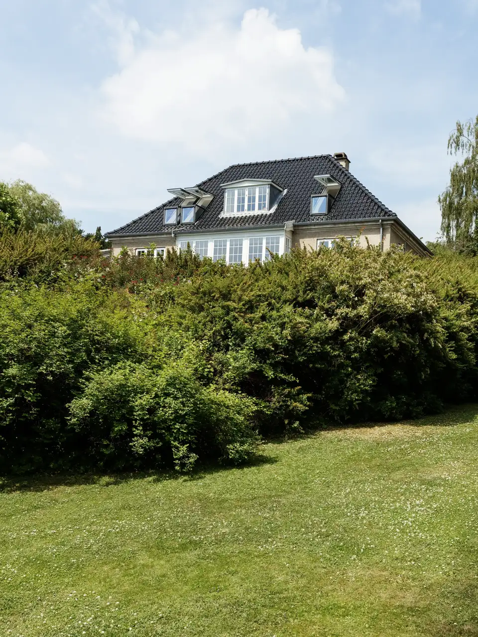 Stor villa omgivet af grønne buske og træer, der fremhæver ejendommens attraktive beliggenhed