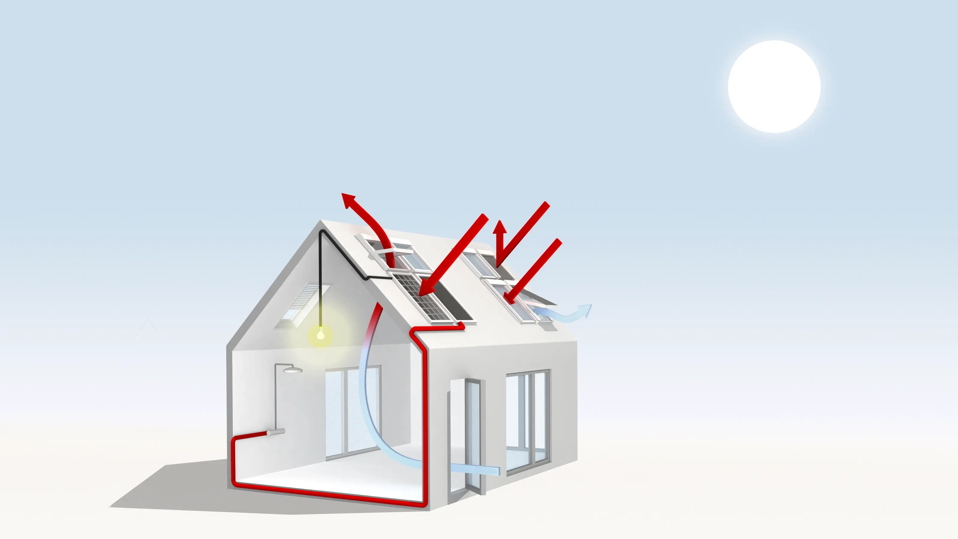 Cross-section of house with solar panels and VELUX roof windows.