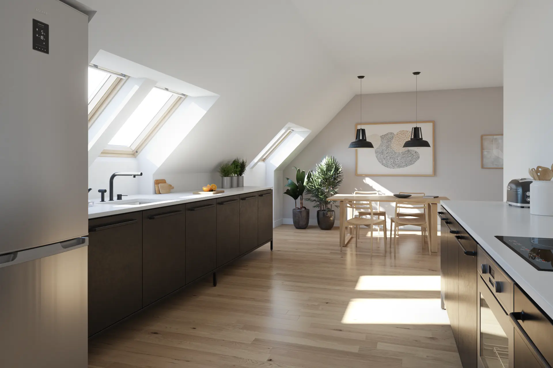 Kuchyně s jídelnou v podkroví dostala hned celou řadu střešních oken VELUX.
