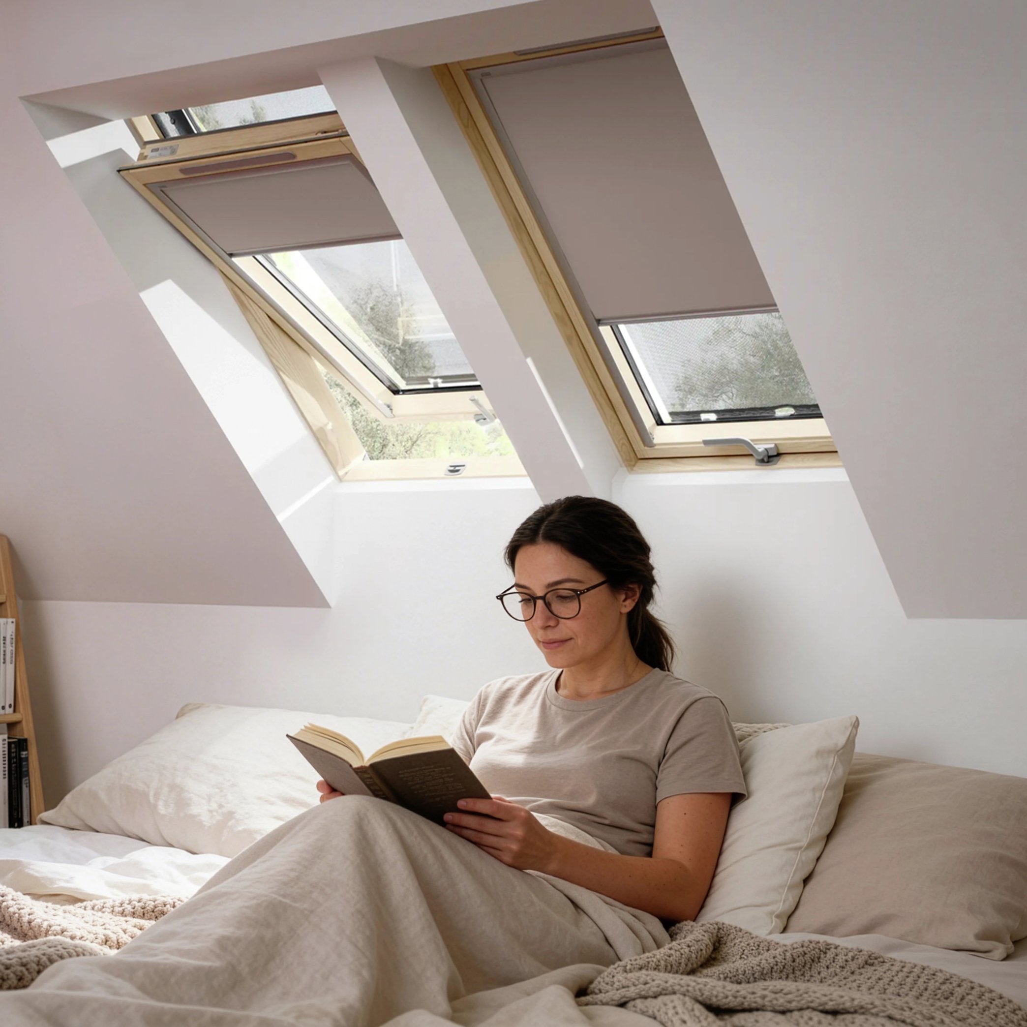 Woman reading in attic bedroom under VELUX roof windows with interior blinds partly lowered.