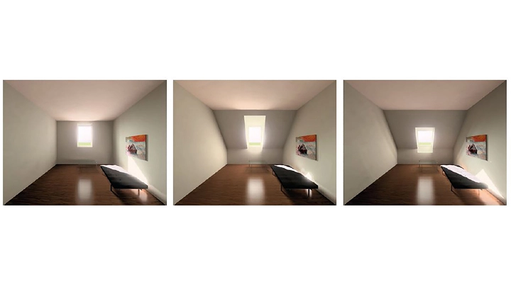 Minimalist attic room with sloped ceiling and VELUX roof window.