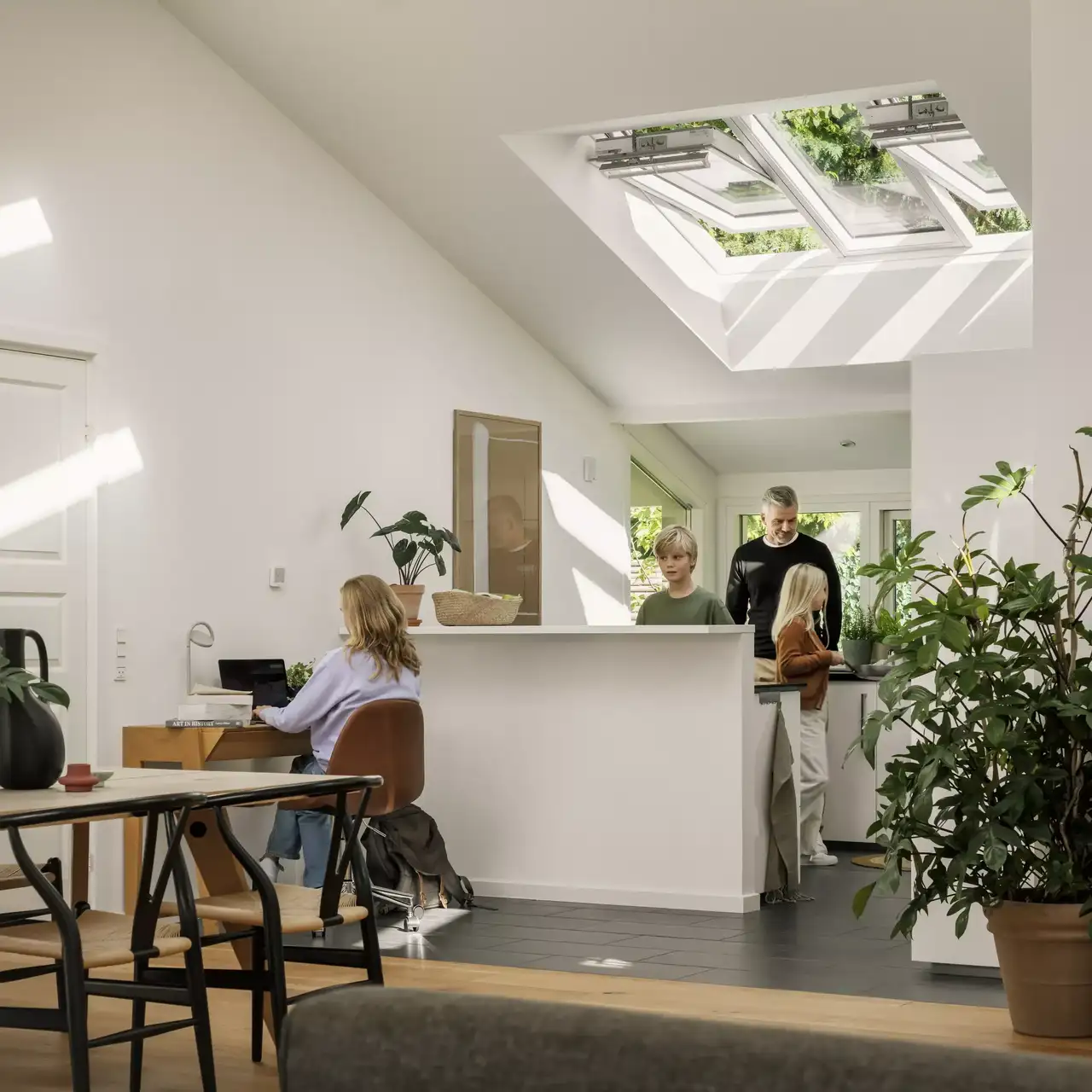 Zeitgemäßes Home-Office mit VELUX Dachflächenfenstern und üppigen Pflanzen.