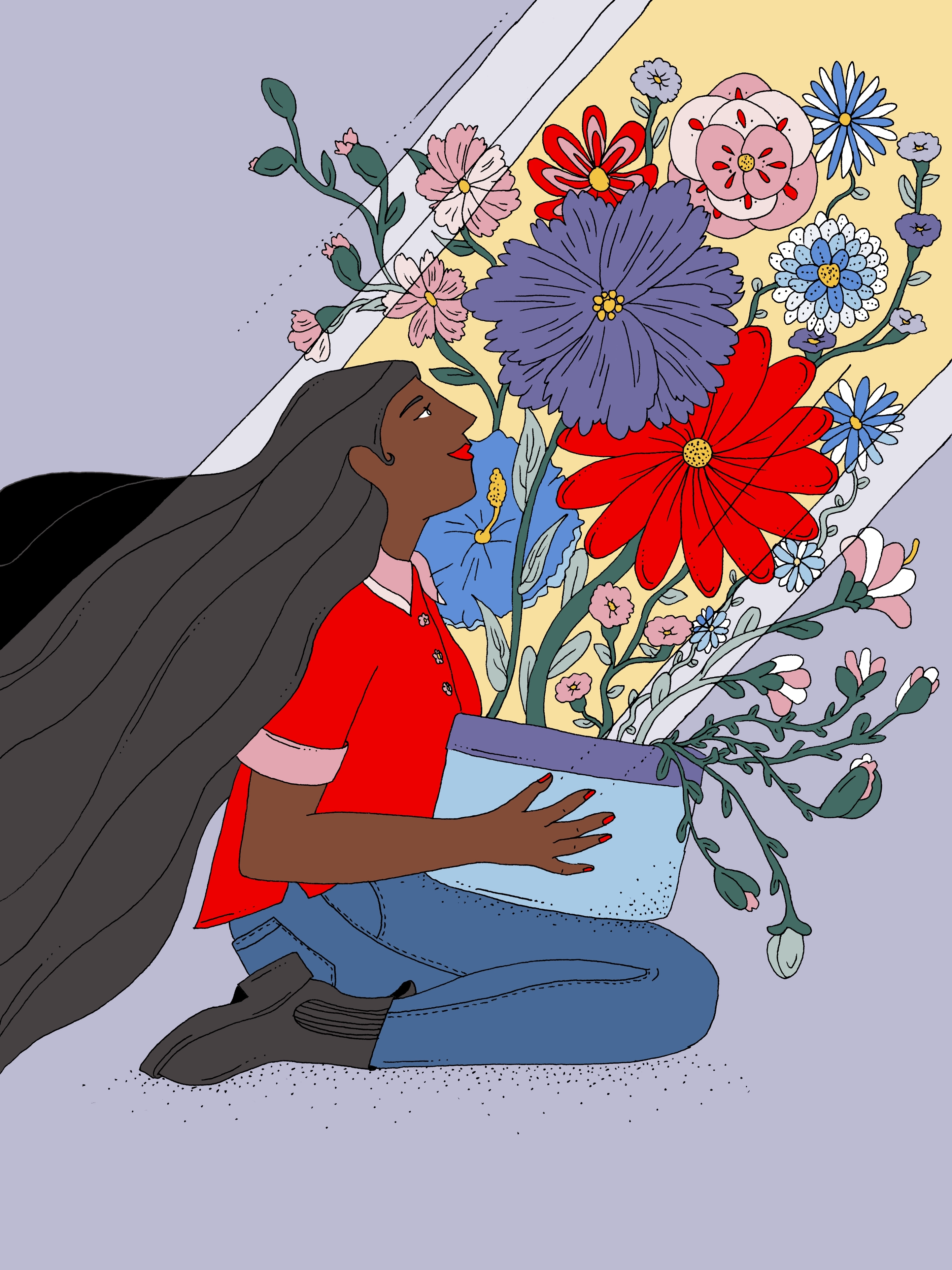 Personne assise entourée de fleurs colorées.