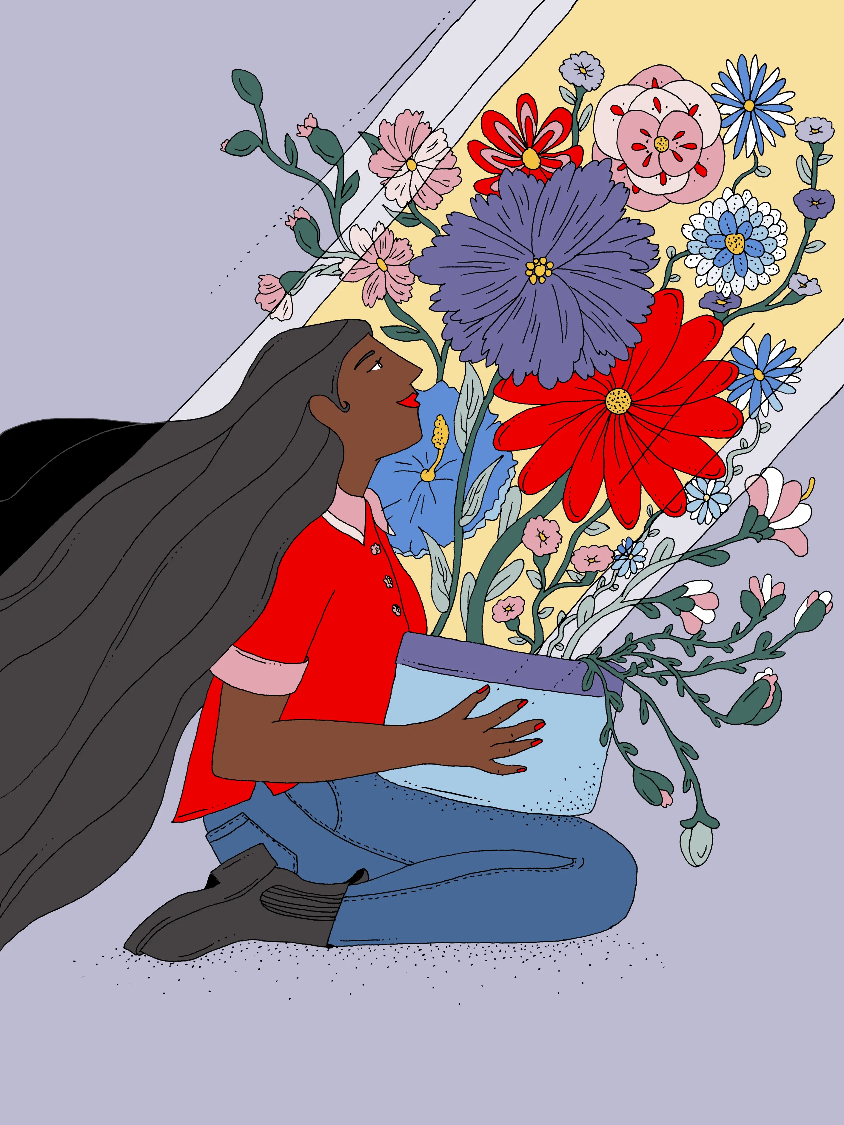 Illustration d'une femme étreignant un pot de fleurs colorées sur un fond géométrique.