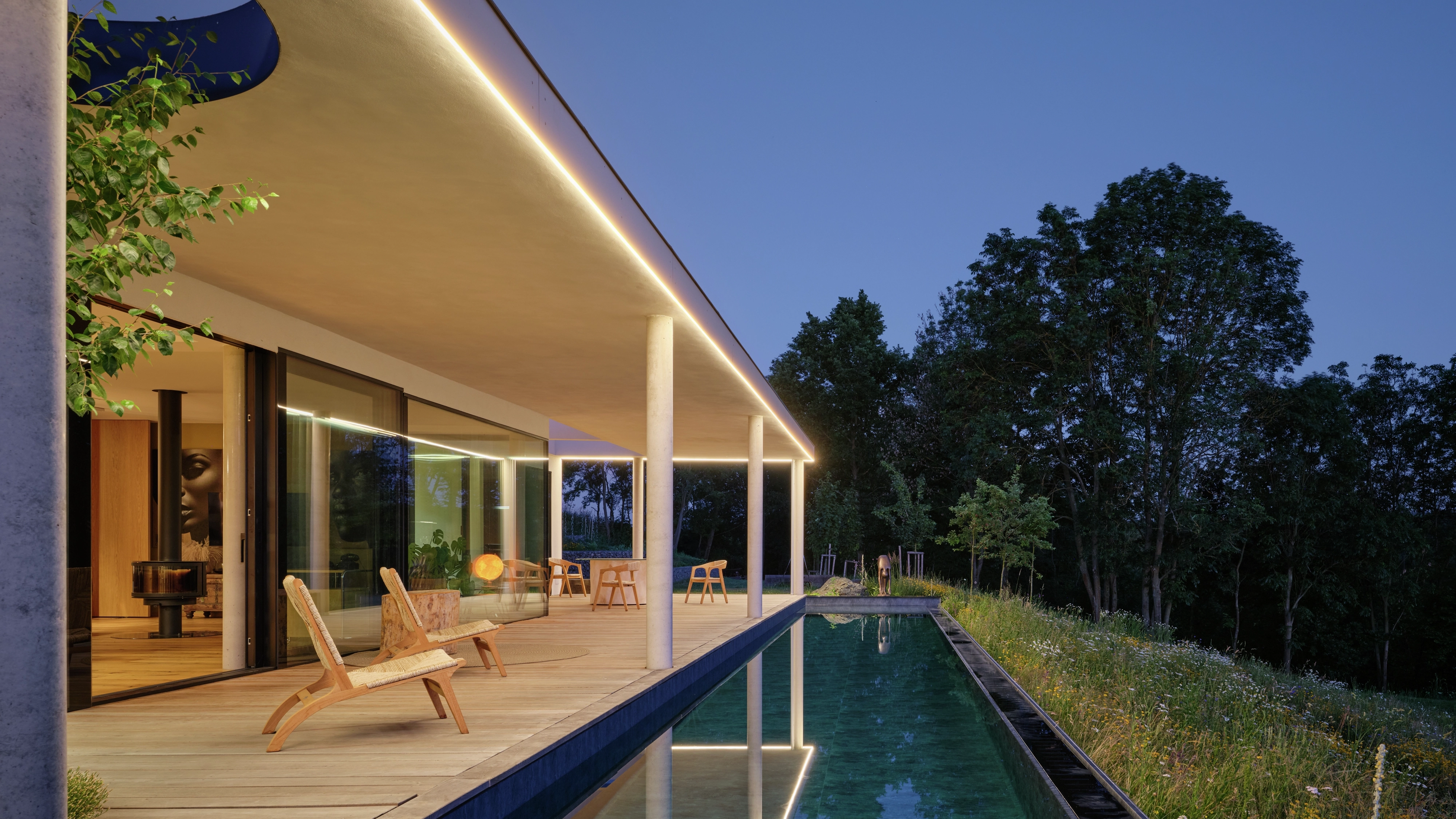 Modern house with lit terrace and long pool beside a meadow at dusk.
