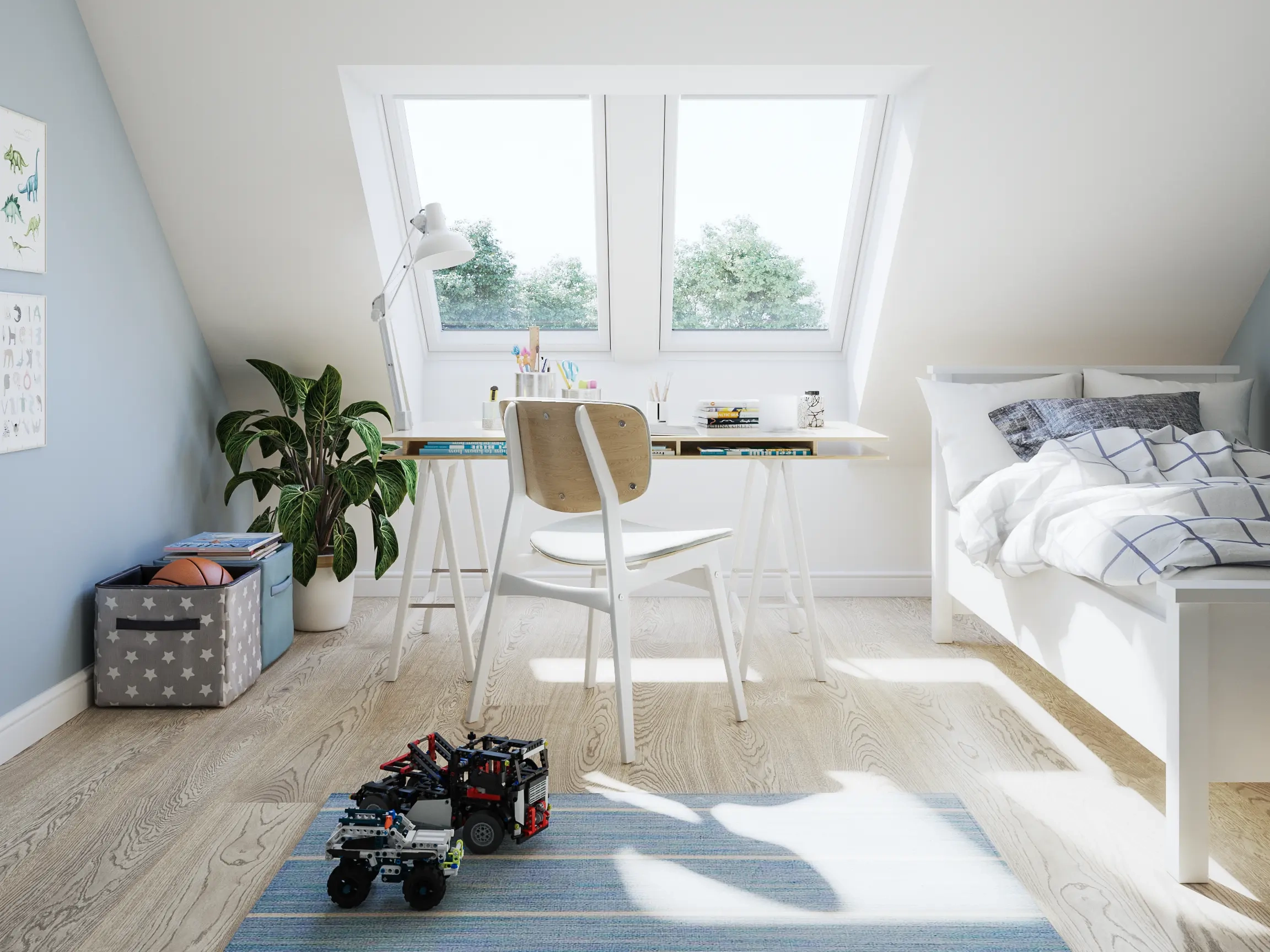 Dormitorio en espacio abuhardillado con ventanas de tejado, escritorio y zona de juegos con juguetes