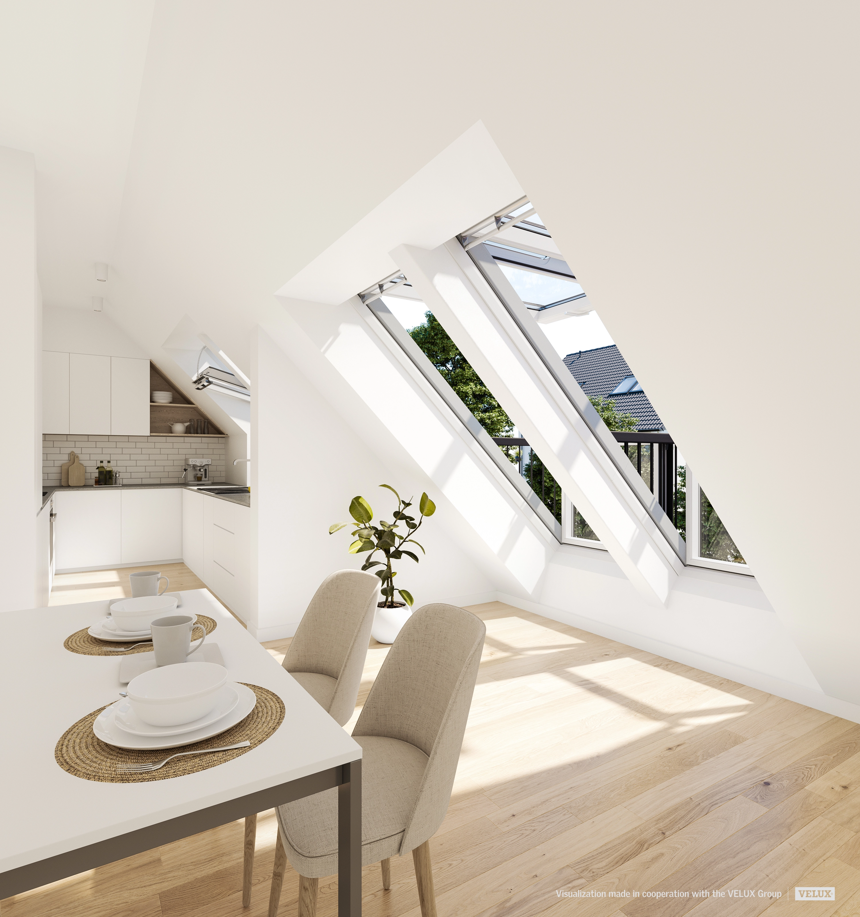 Dobre presvetlená kuchyňa s dvomi strešnými oknami VELUX.