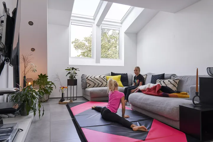 Modernes Wohnzimmer im Dachboden mit VELUX Dachflächenfenster, grauem Sofa, Pflanzen und buntem Bodenteppich.