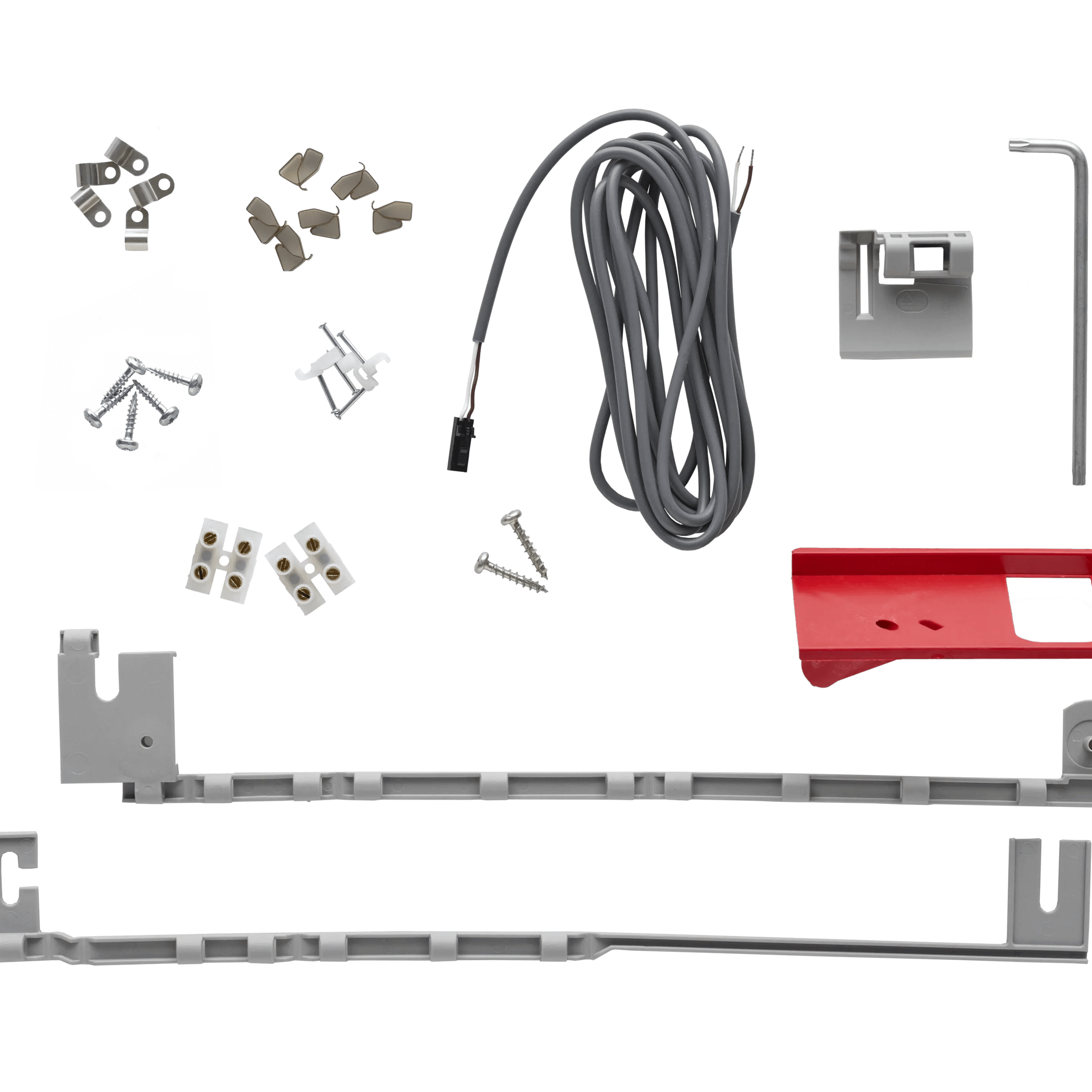 Installation kit components including screws, brackets, cables, and tools.