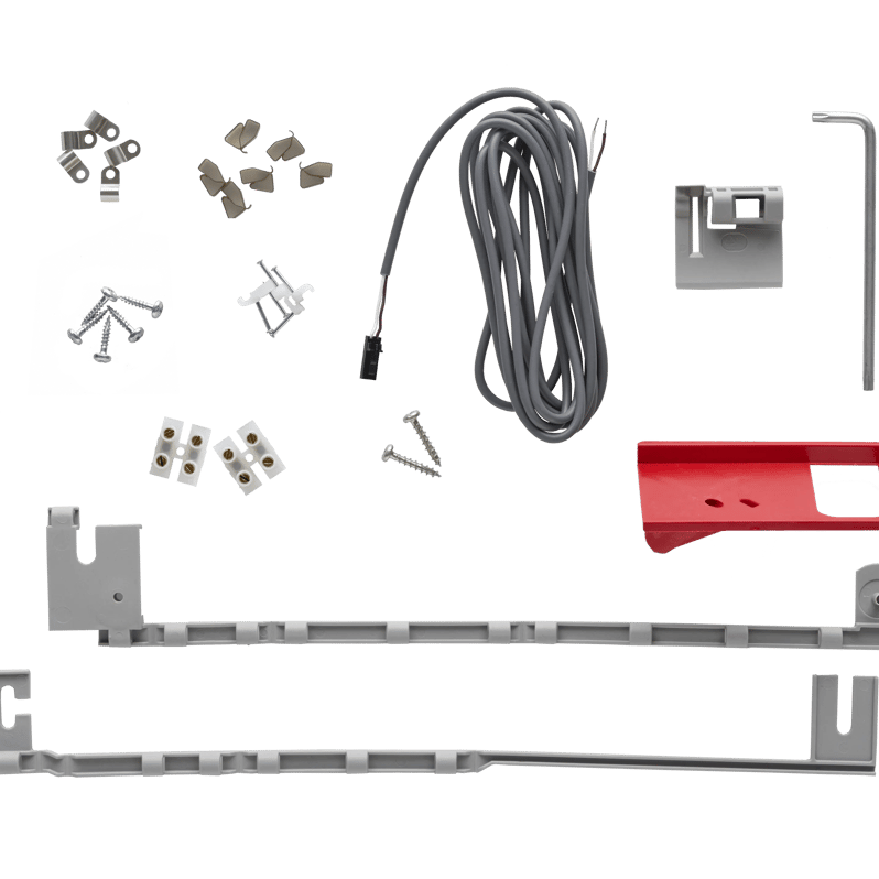 Installation kit components including screws, brackets, cables, and tools.