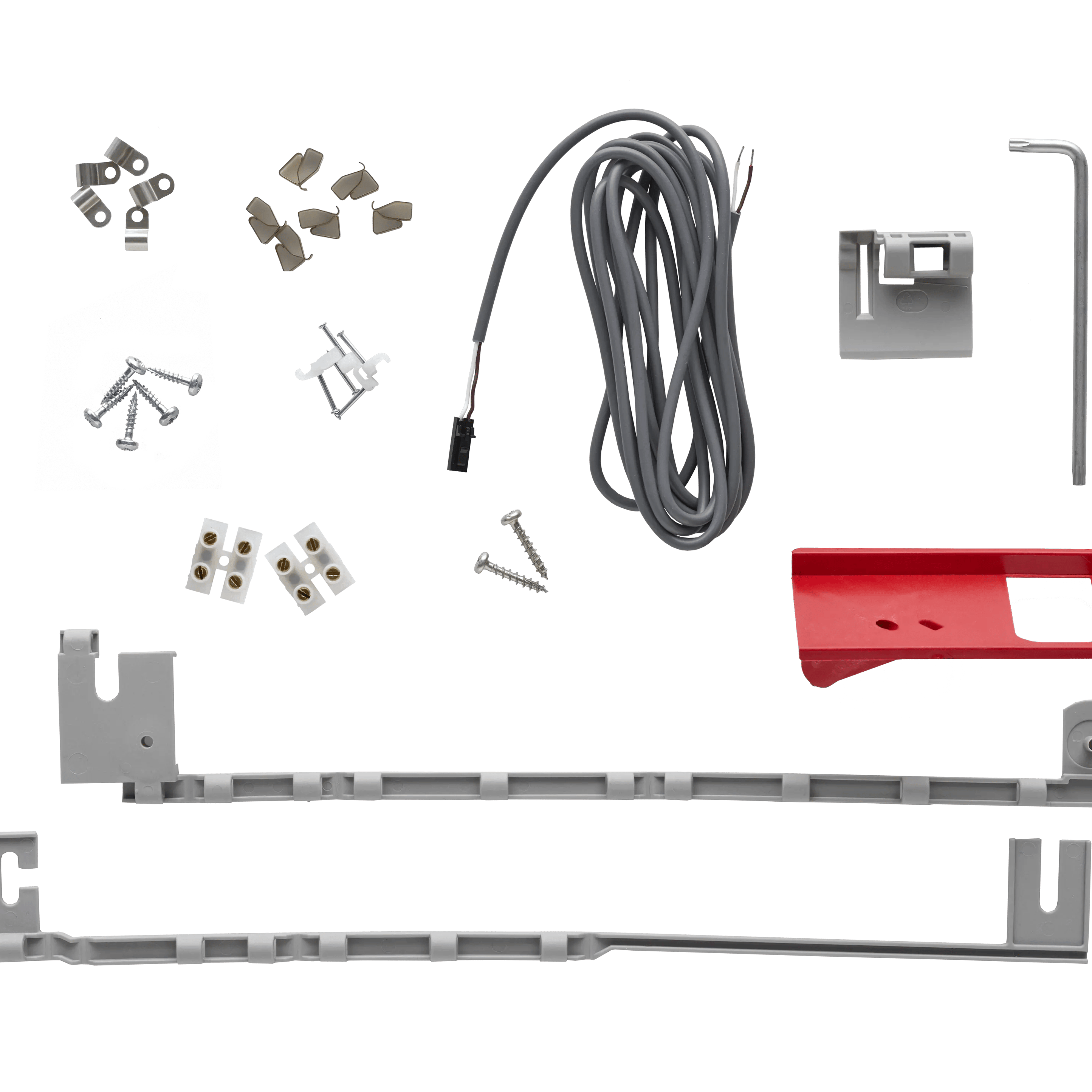 Installation kit components including screws, brackets, cables, and tools.