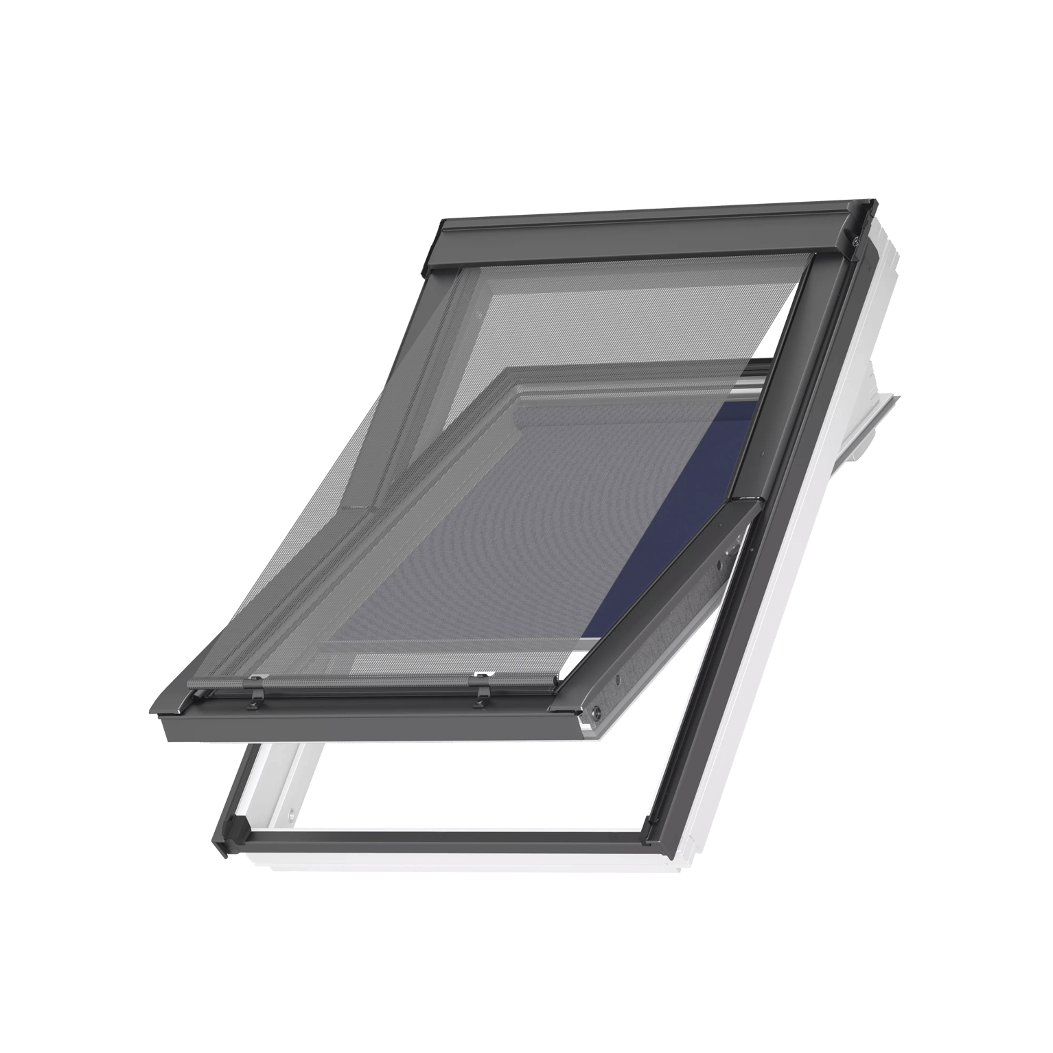 Open VELUX roof window with sleek design for natural light and ventilation.