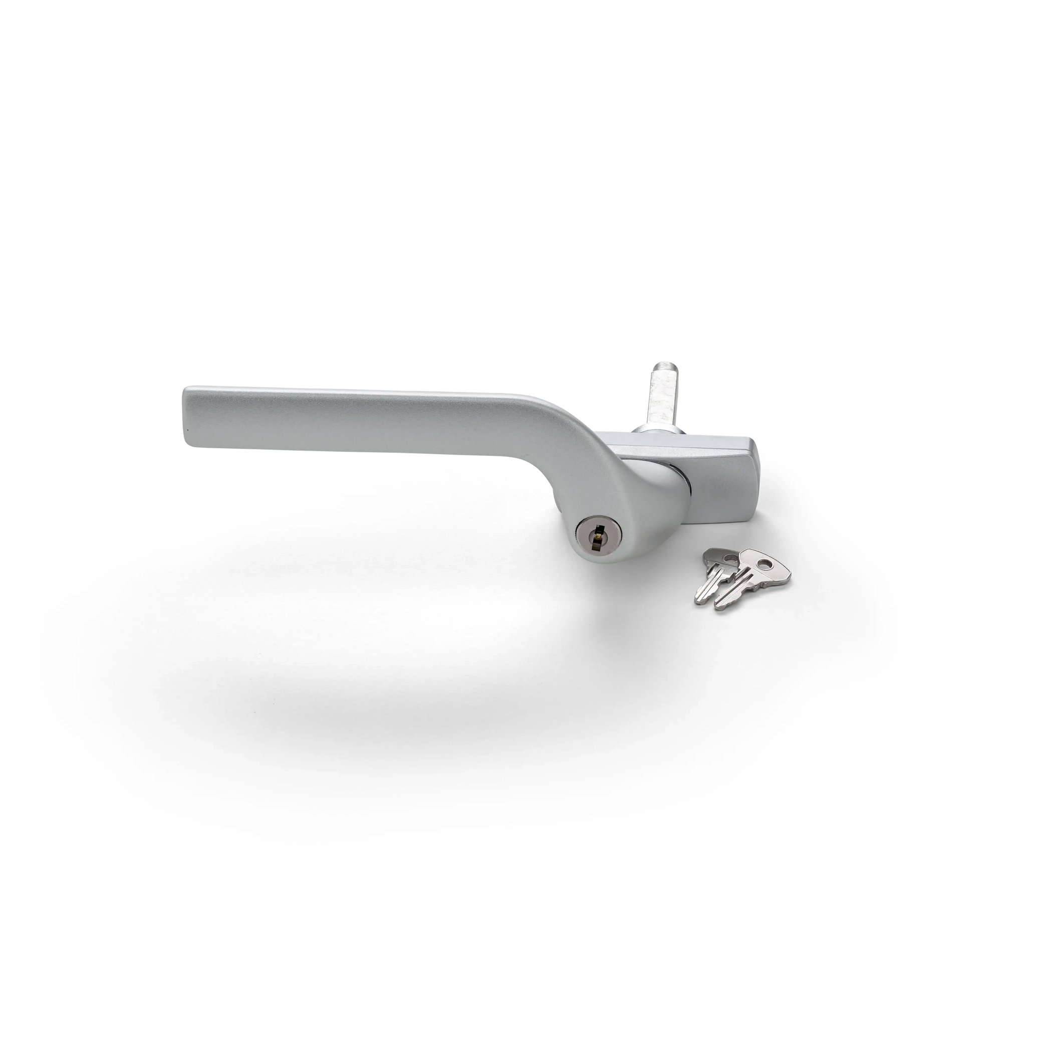 Silver window handle with two keys, modern and secure design.