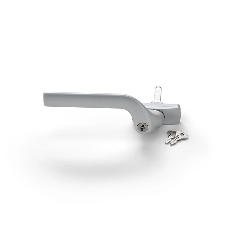 Silver window handle with two keys, modern and secure design.