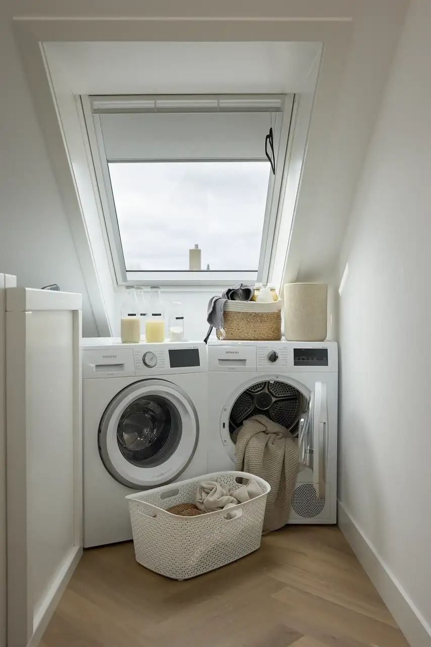 Buanderie dans le grenier avec machine à laver, sèche-linge et fenêtre de toit VELUX.