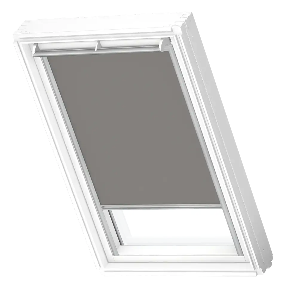 VELUX roof window with integrated blind for light control.