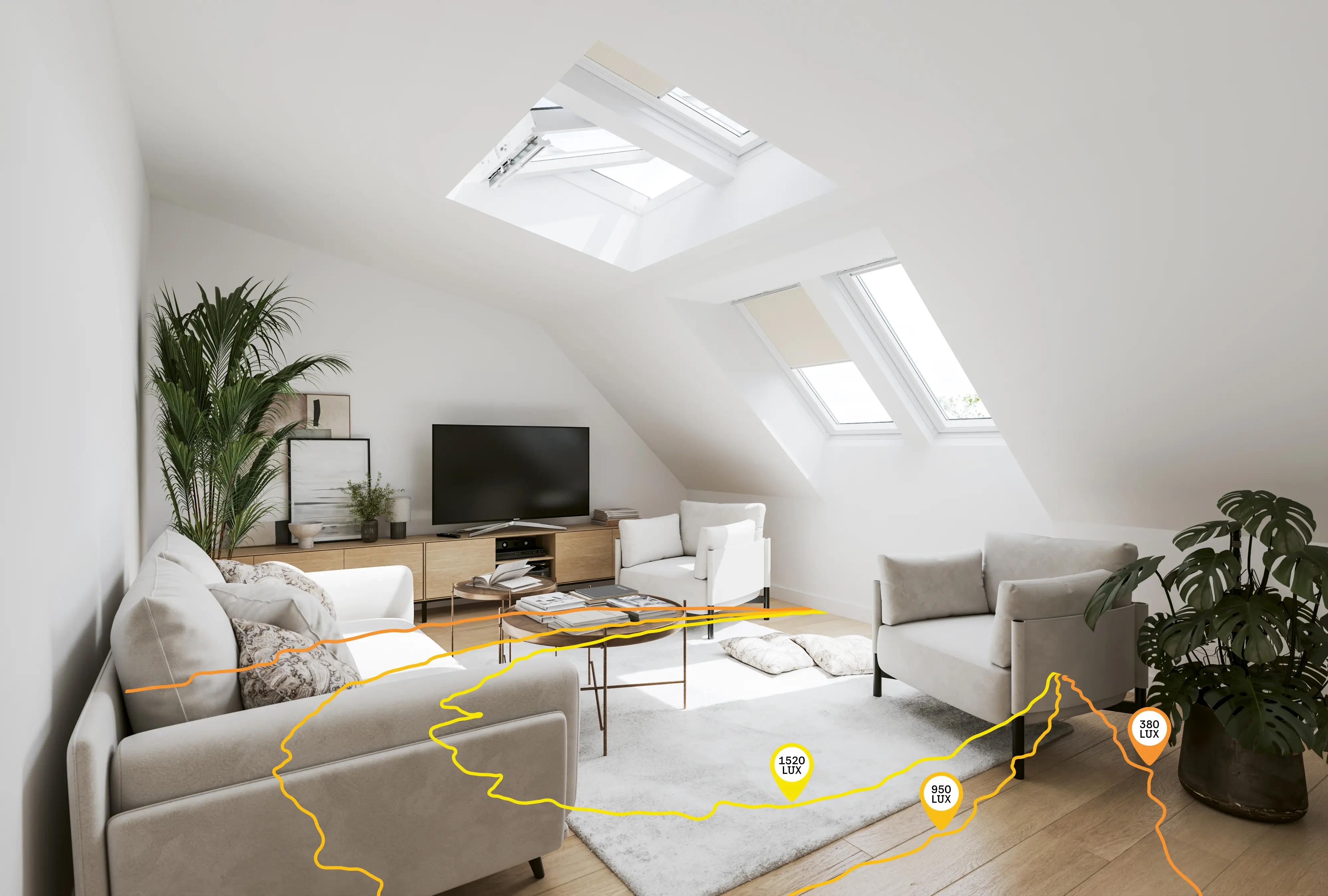 Attic living room with sloped ceiling and VELUX roof windows.