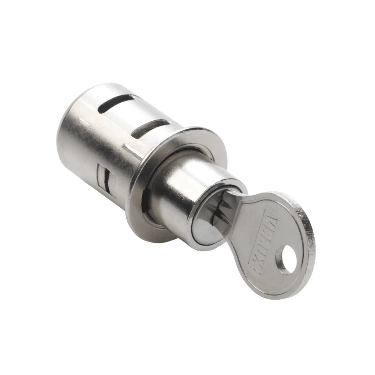 Close-up of a metal lock with an inserted key, showcasing design and functionality.