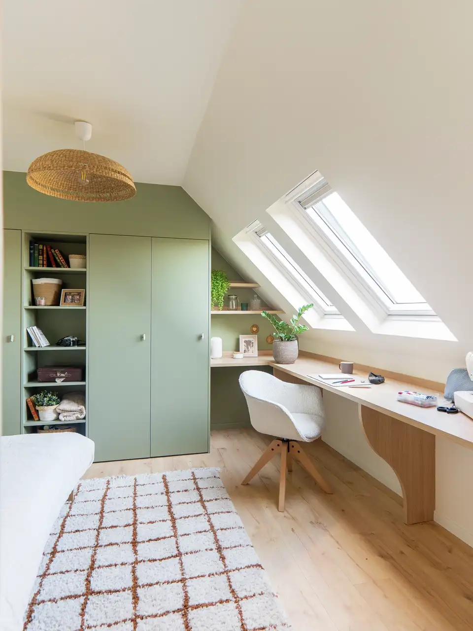 Chambre mansardée lumineuse avec bureau-tablette, dressing et chaise.