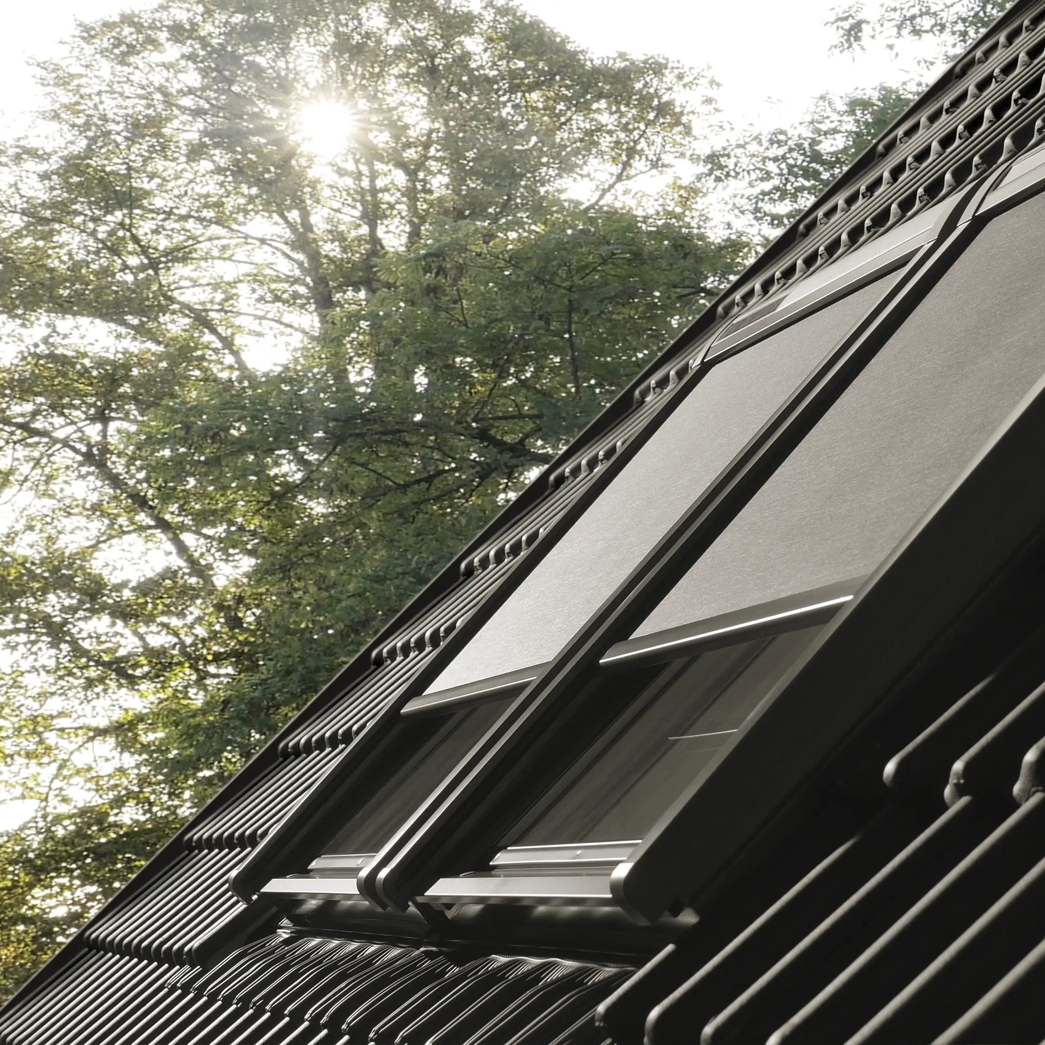 Modern roof with VELUX windows and dark tiles, surrounded by trees.
