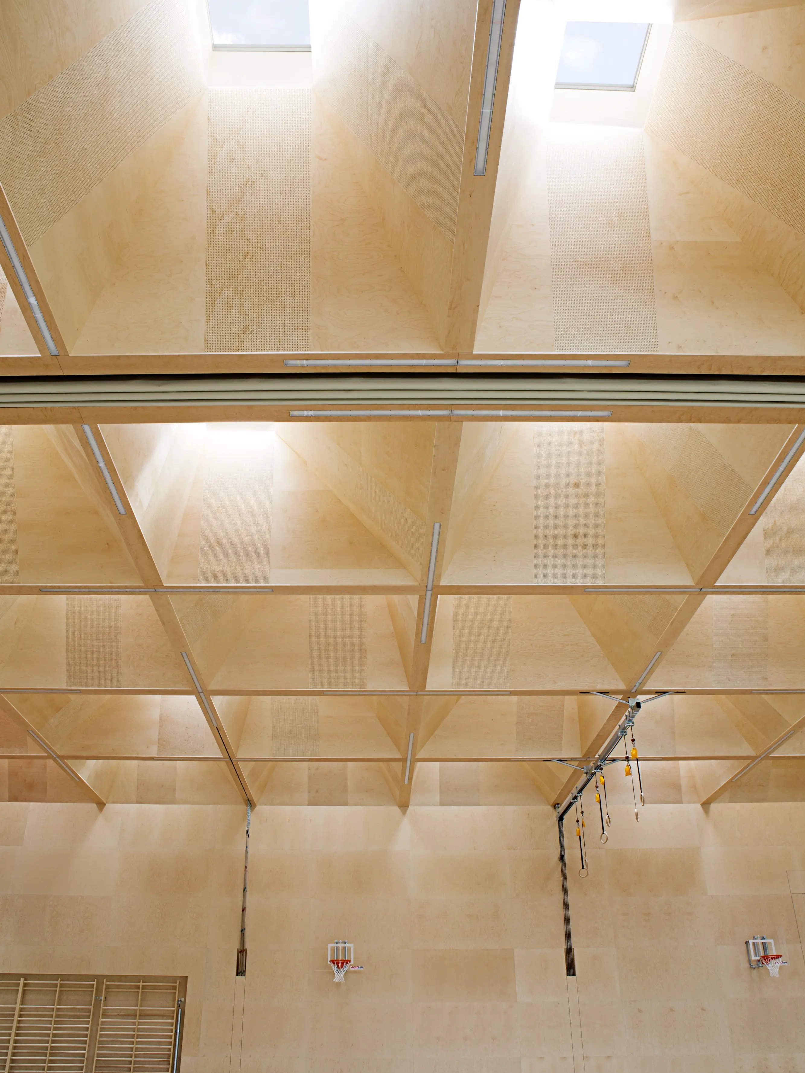 Sports hall with wooden ceiling and VELUX roof windows, basketball hoops visible.