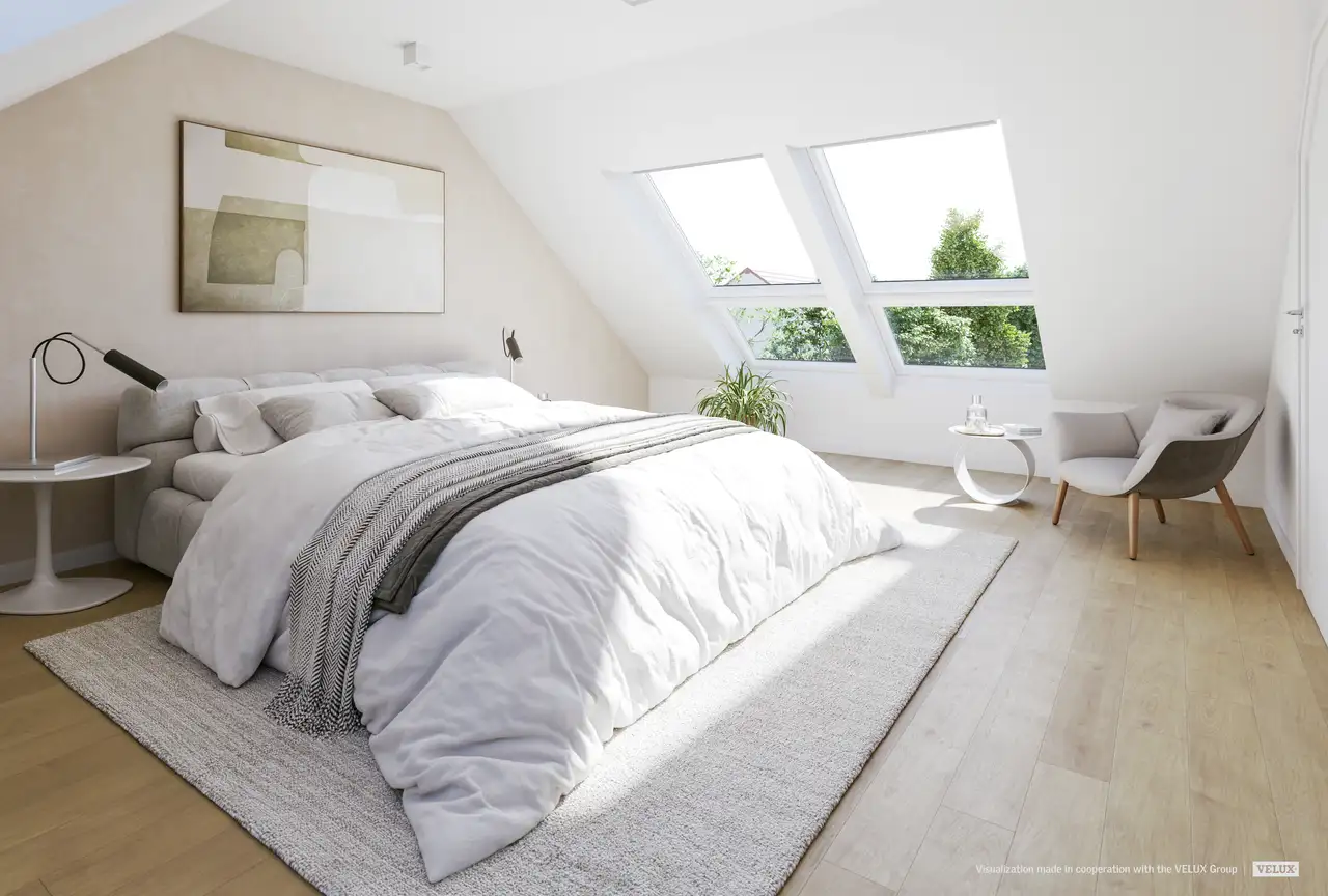 Slaapkamer uitgerust met een combinatie van VELUX dakvensters