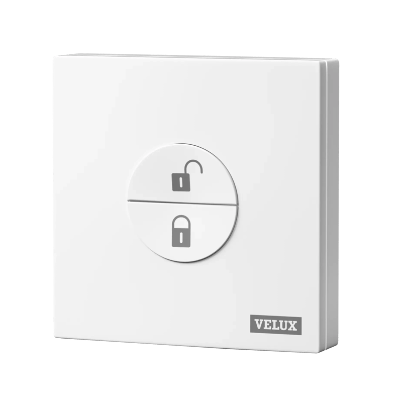 VELUX remote control with lock and unlock buttons for roof windows.