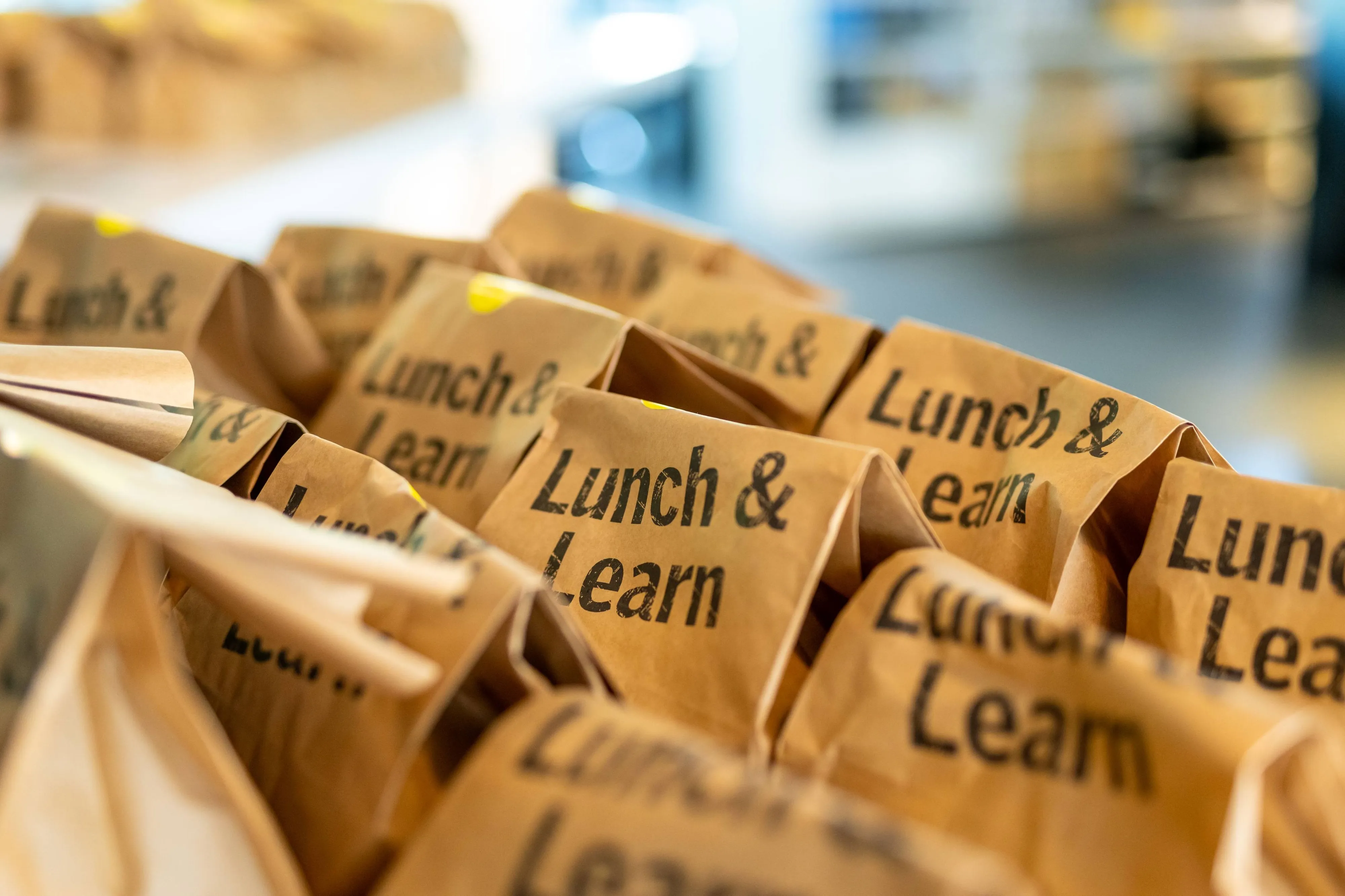 Brown paper bags labeled 'Lunch & Learn' arranged in a row.