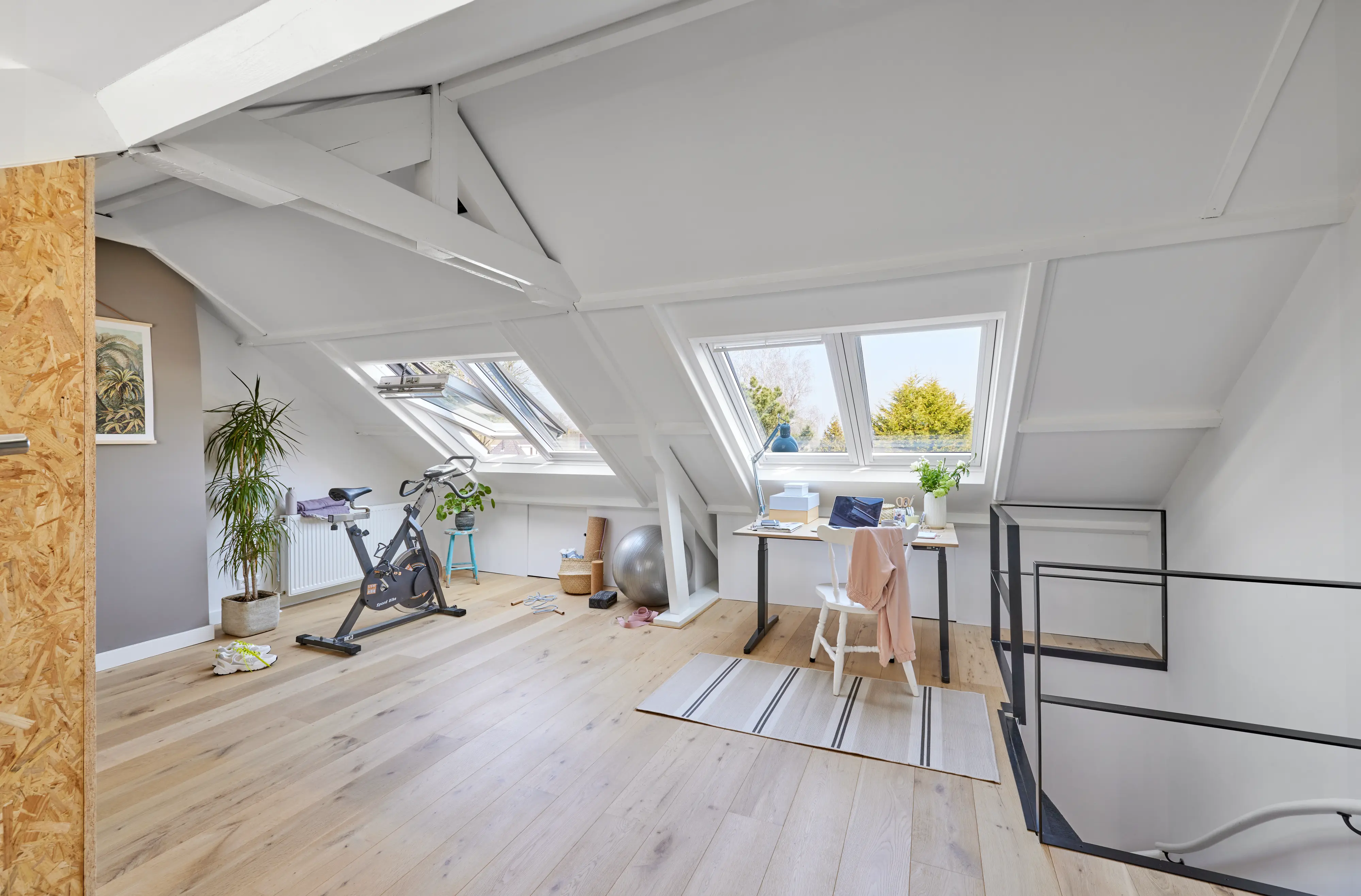 Salle sous combles aménagée en bureau et salle de sport, avec un vélo face à deux fenêtres de toit 