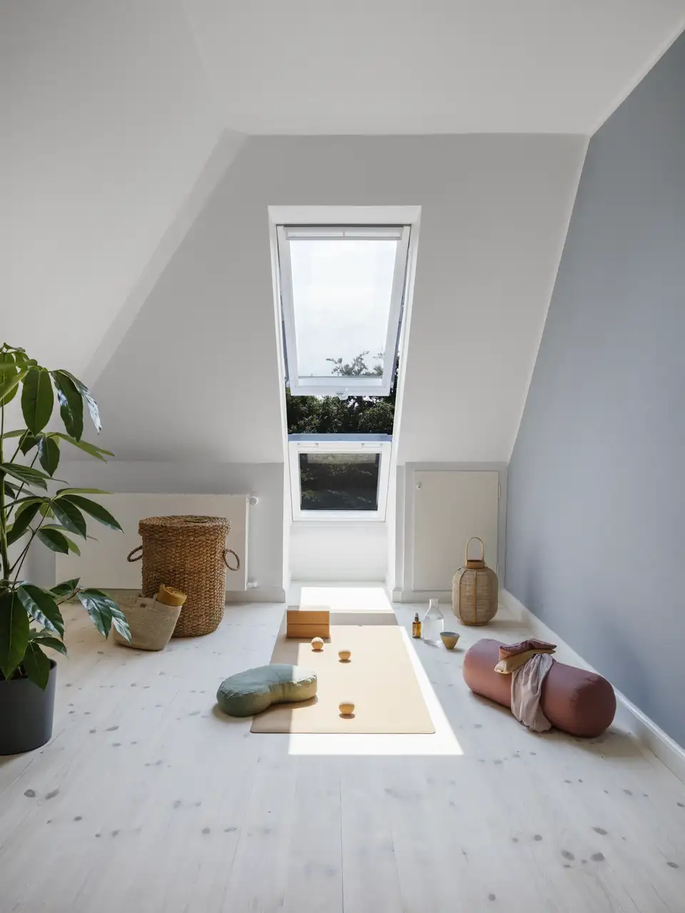 Salle de méditation sous combles avec fenêtres de toit, mobilier minimaliste et palette de couleurs neutres. 
