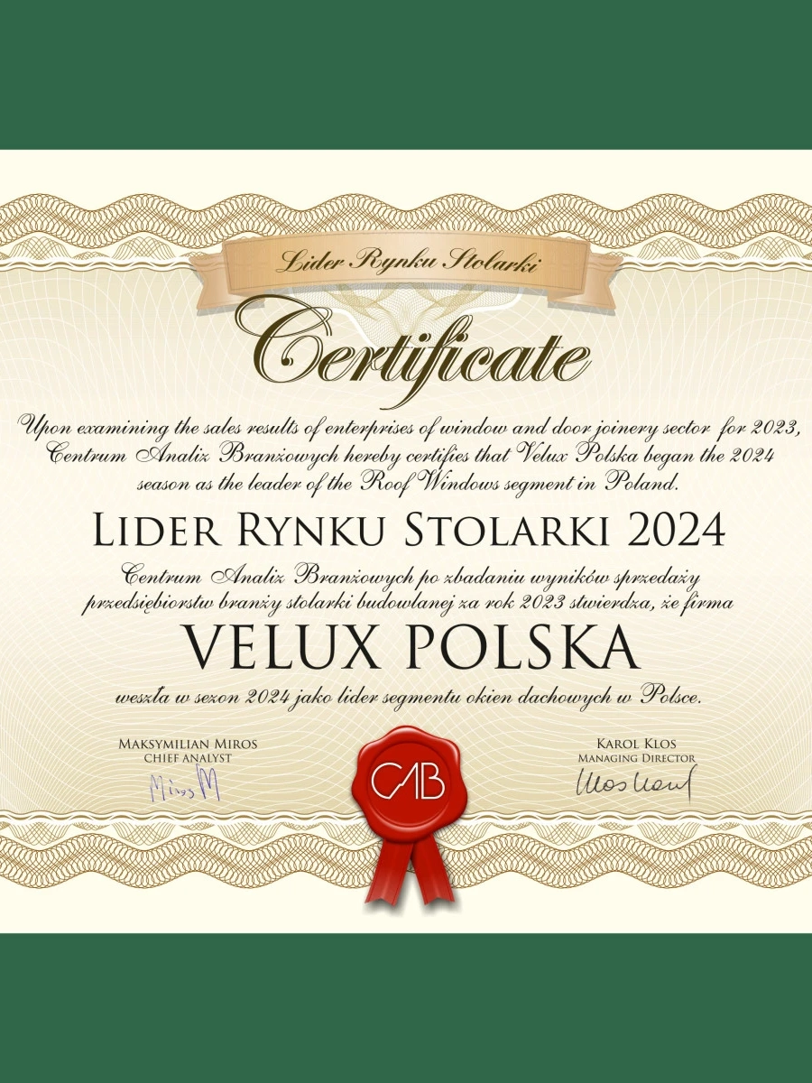 VELUX Polska po raz kolejny Liderem Rynku Stolarki
