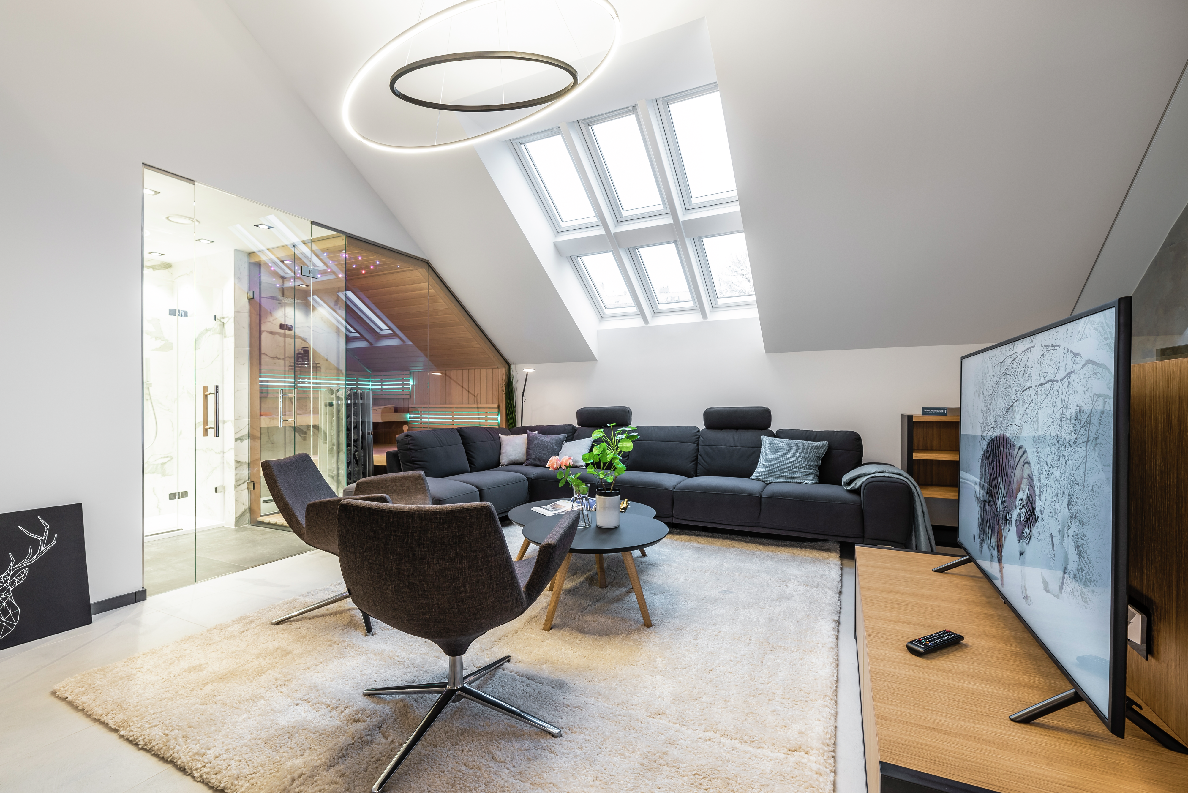 Attic living room with sloped ceiling, VELUX roof windows, and modern furniture.