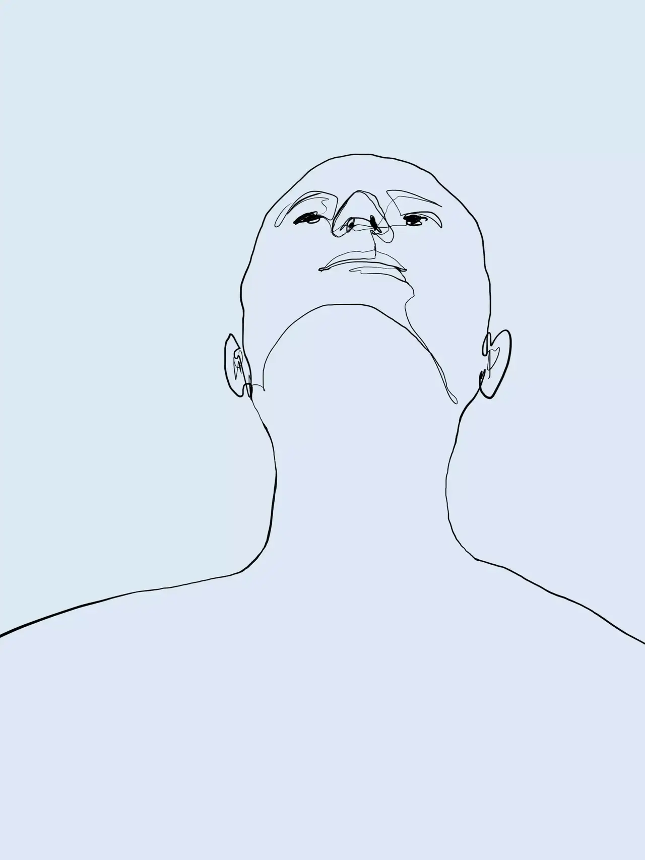 Minimalistische Strichzeichnung einer Person, die vor einem blauen Hintergrund nach oben schaut.