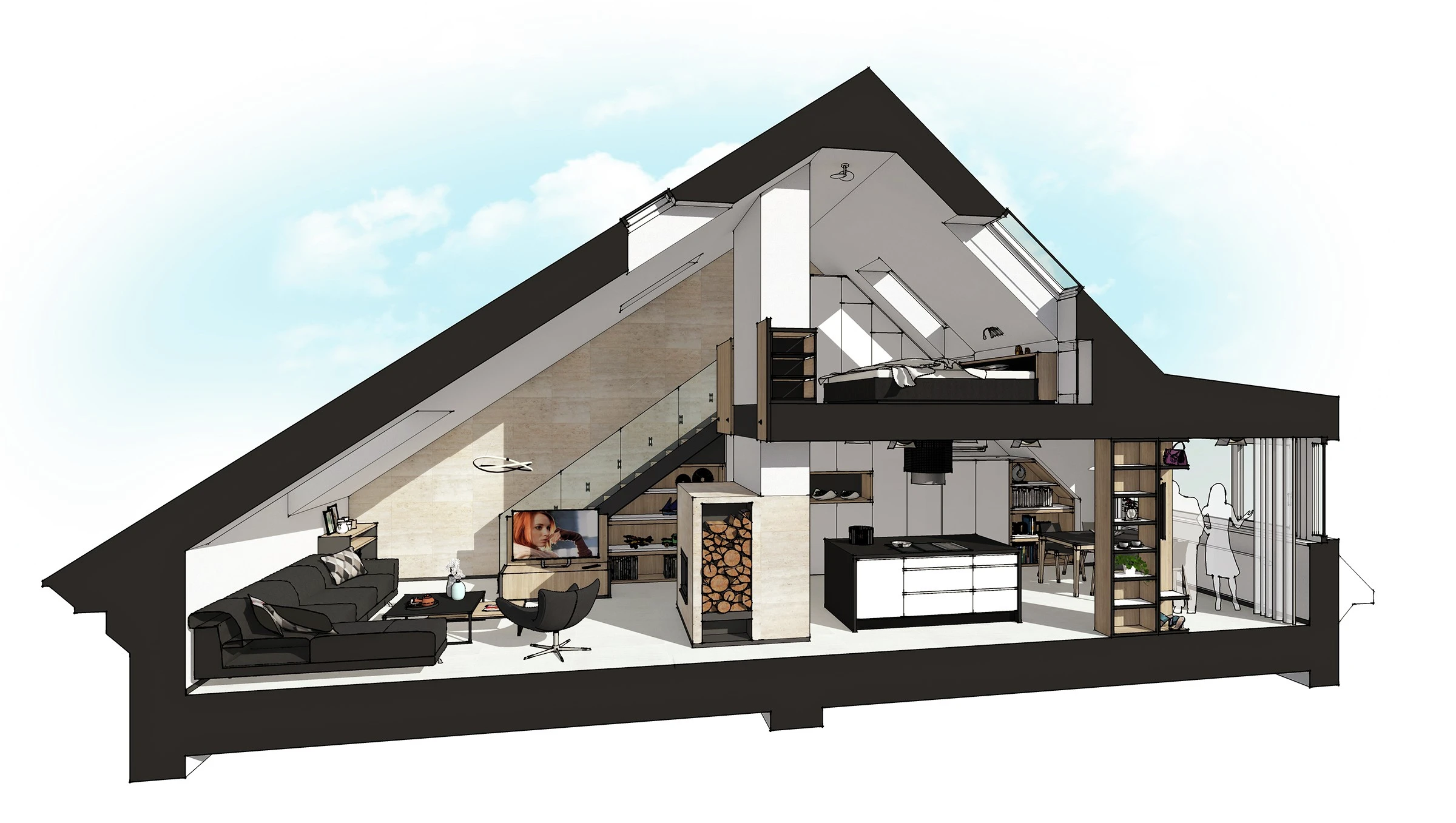 Contemporary attic living space with VELUX roof windows and modern design.